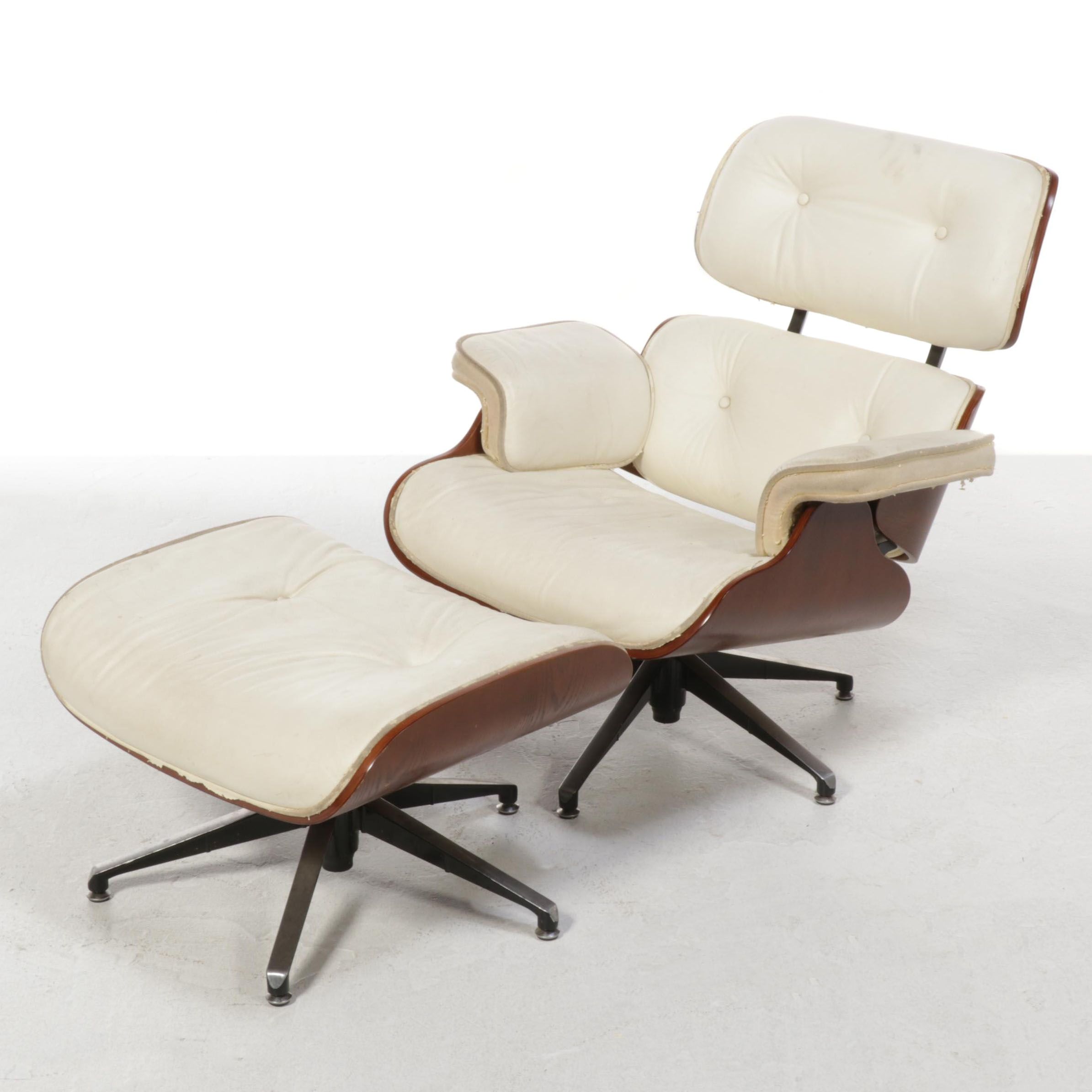 Eames Style Laminated Oak and Faux-Leather Lounge Chair and Ottoman
