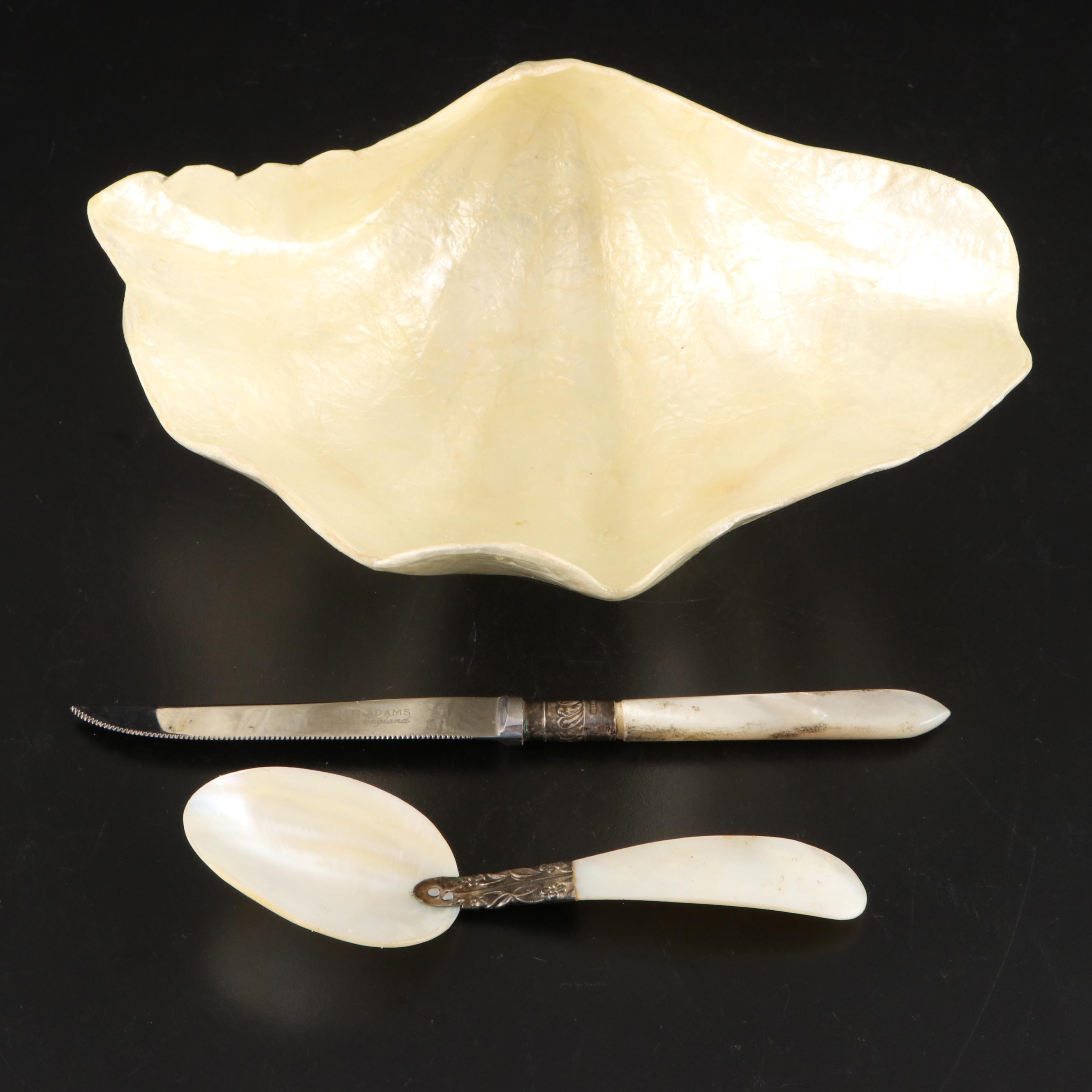 Composite and Resin Shell Shaped Bowl with MOP Handled Knife and Spoon