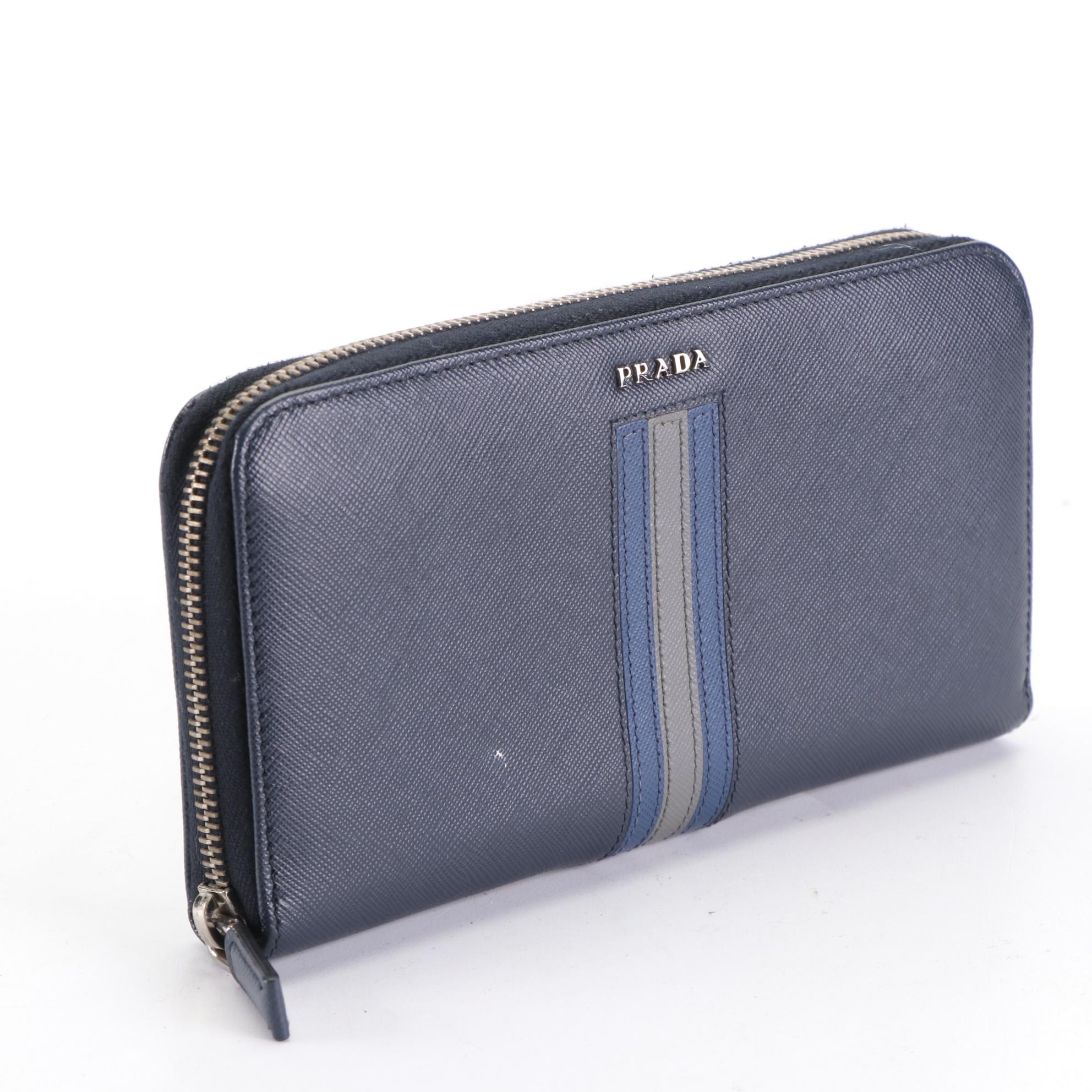 Prada Baltico Saffiano Leather Stripe Zip Around Wallet