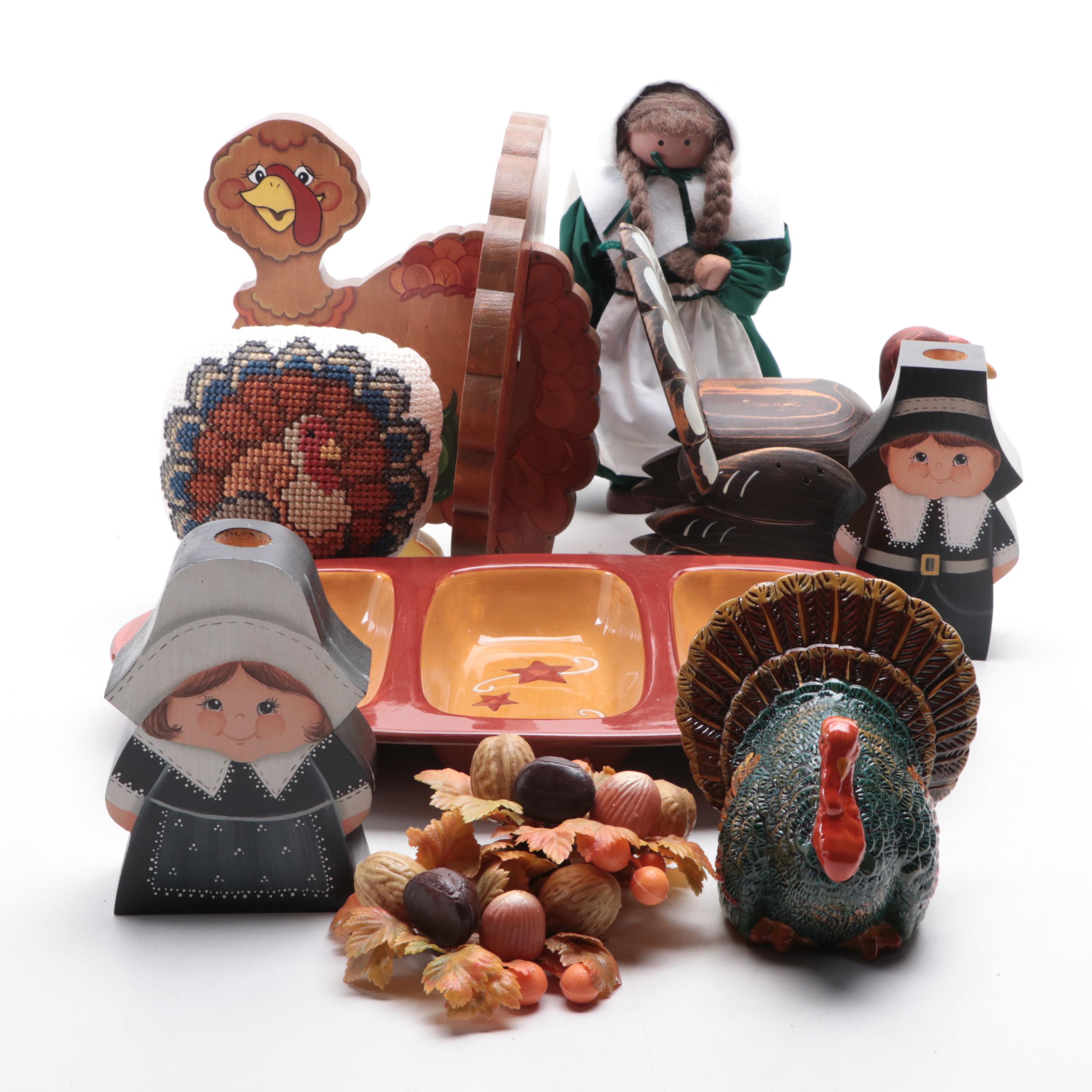 Wooden Turkeys, Ceramic Serving Dish with Other Thanksgiving Table Décor