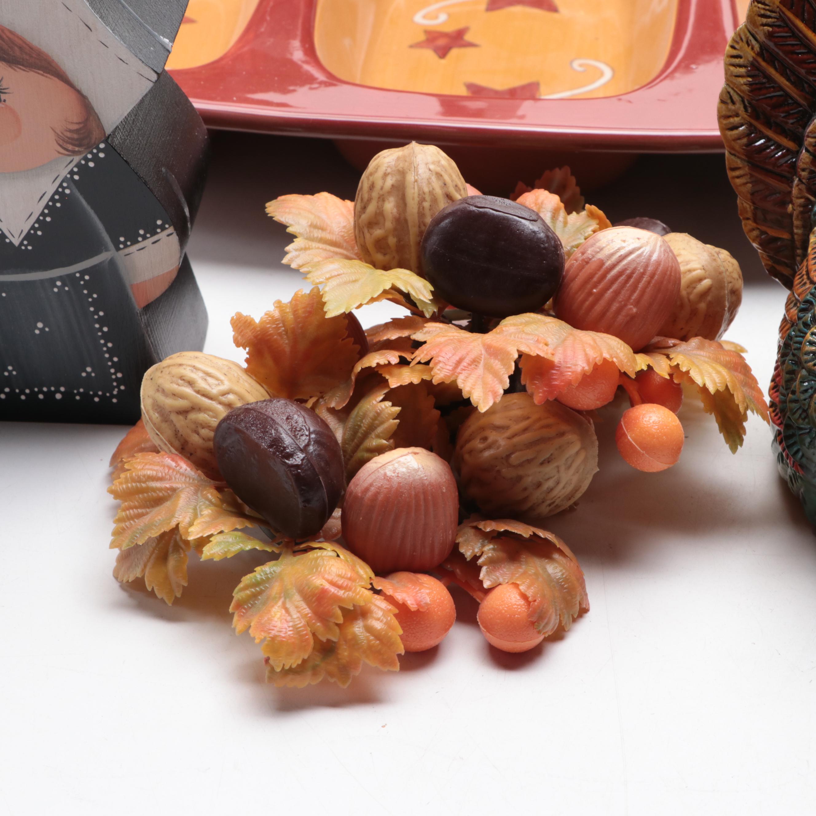 Wooden Turkeys, Ceramic Serving Dish with Other Thanksgiving Table Décor