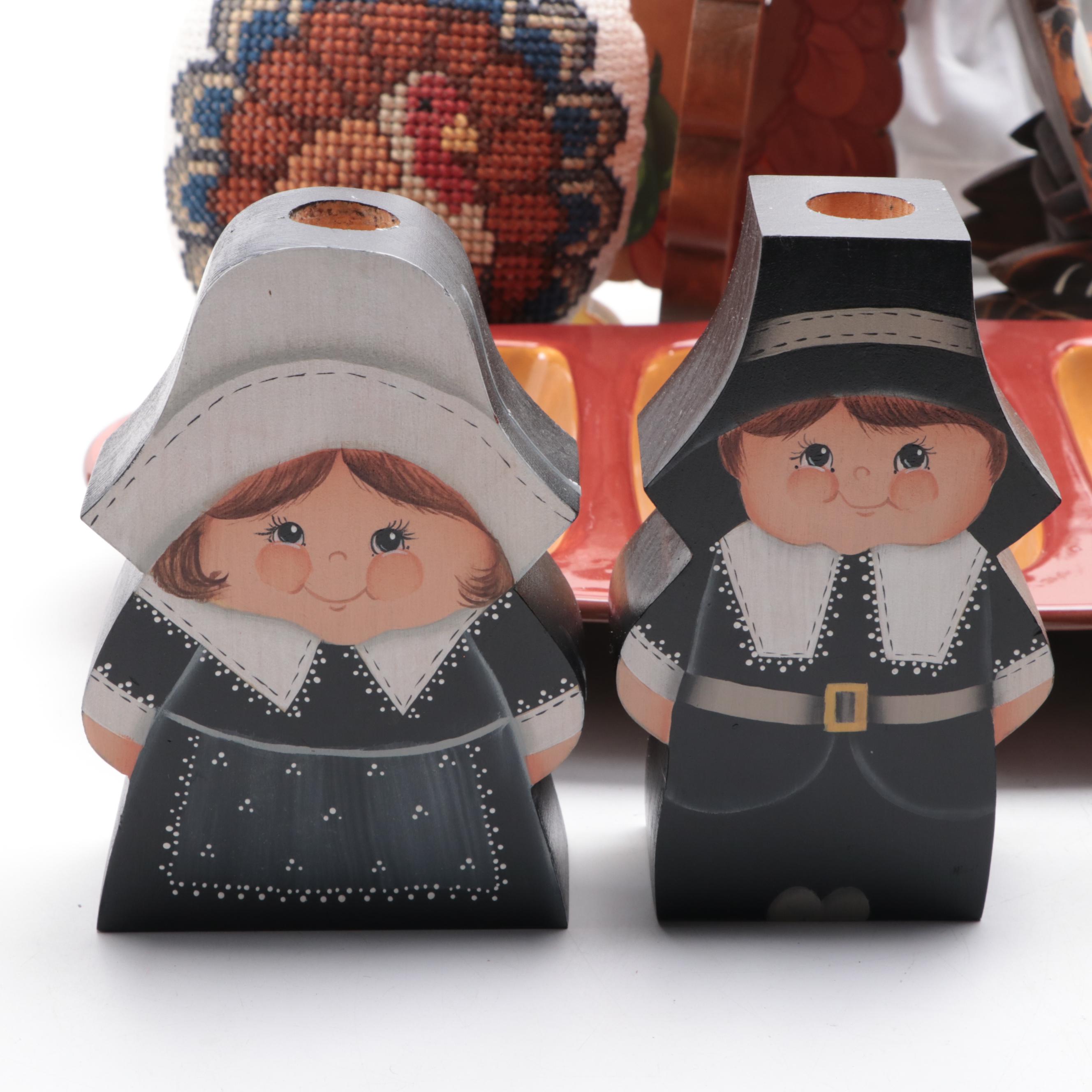 Wooden Turkeys, Ceramic Serving Dish with Other Thanksgiving Table Décor