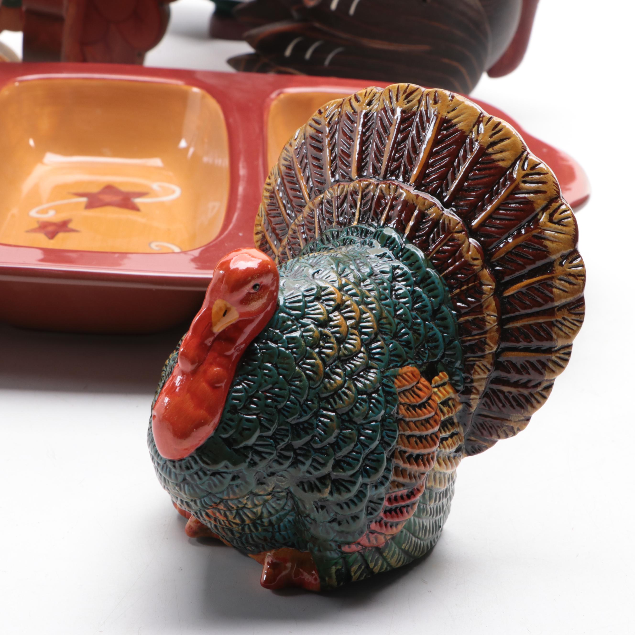 Wooden Turkeys, Ceramic Serving Dish with Other Thanksgiving Table Décor
