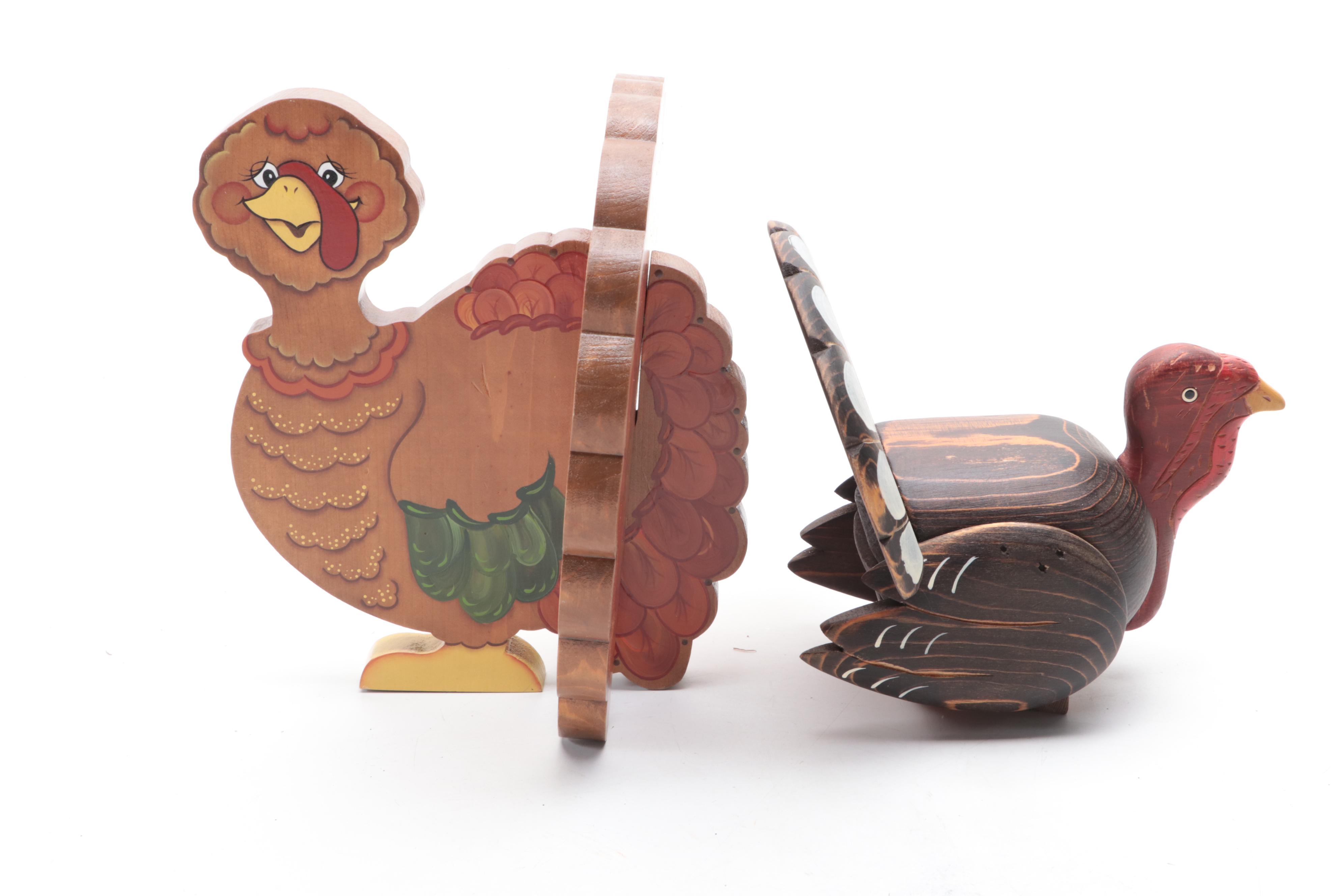 Wooden Turkeys, Ceramic Serving Dish with Other Thanksgiving Table Décor