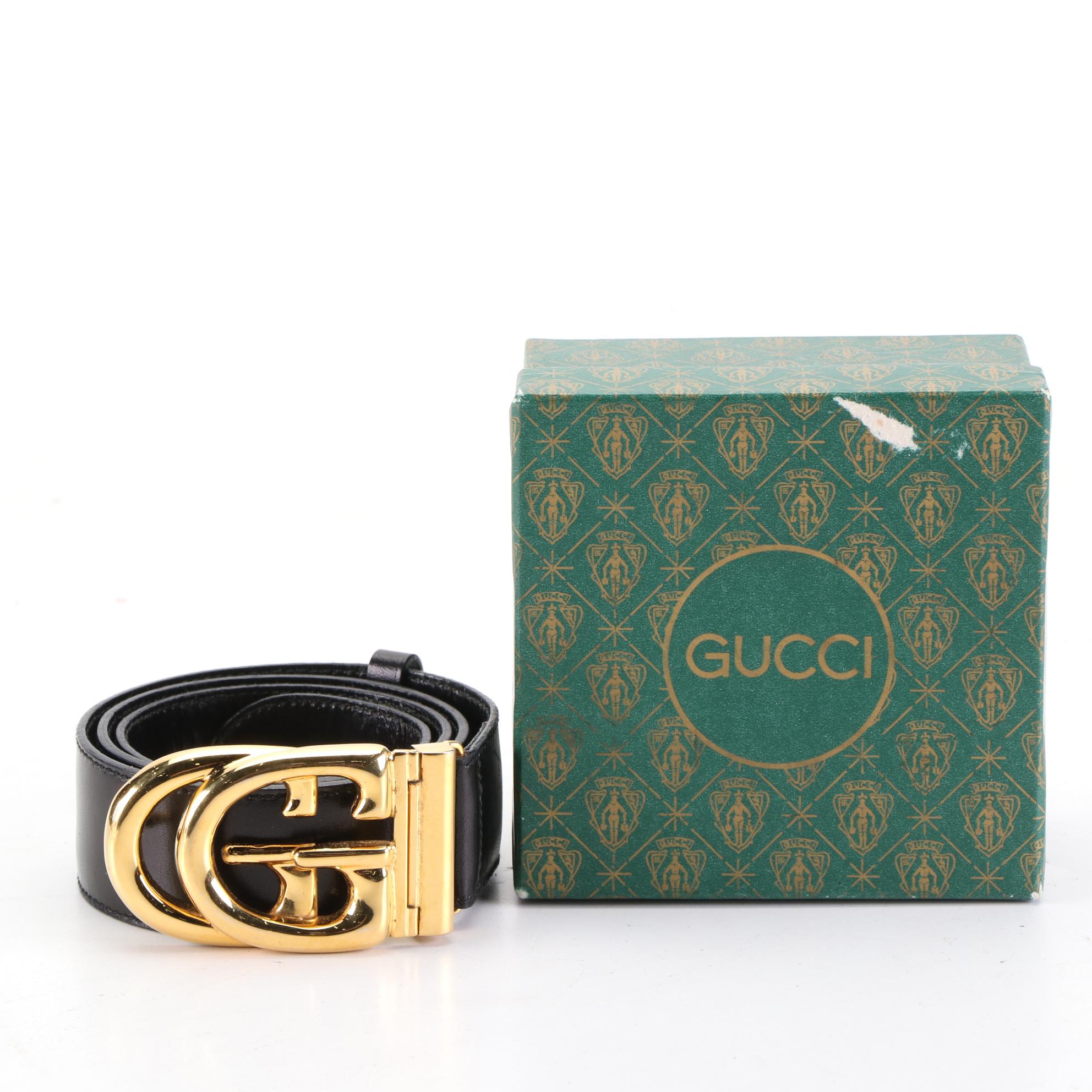 Gucci Double G Buckle Belt in Leather with Original Box, 1970s