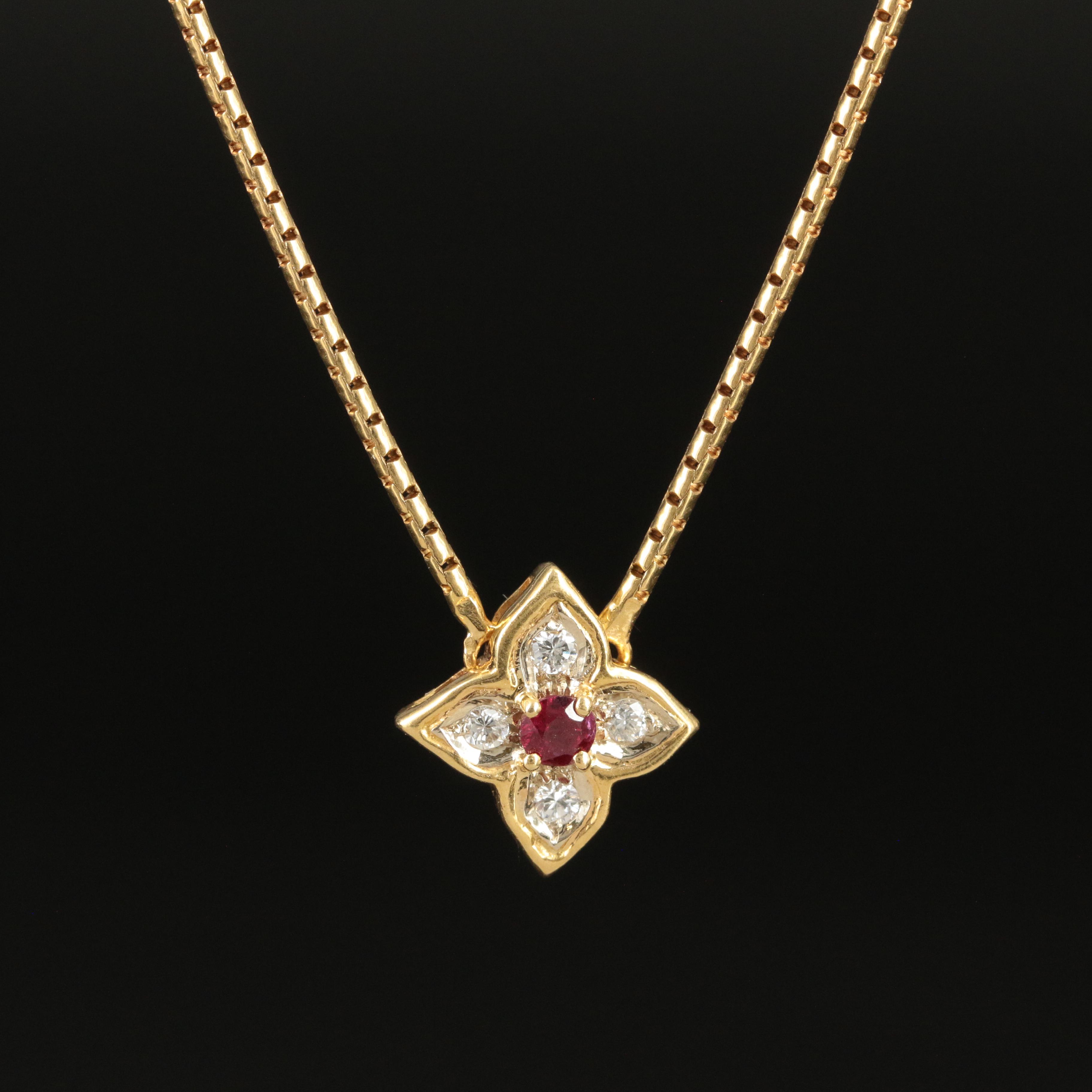 Vintage Gucci 18K Diamond and Ruby Quatrefoil Necklace