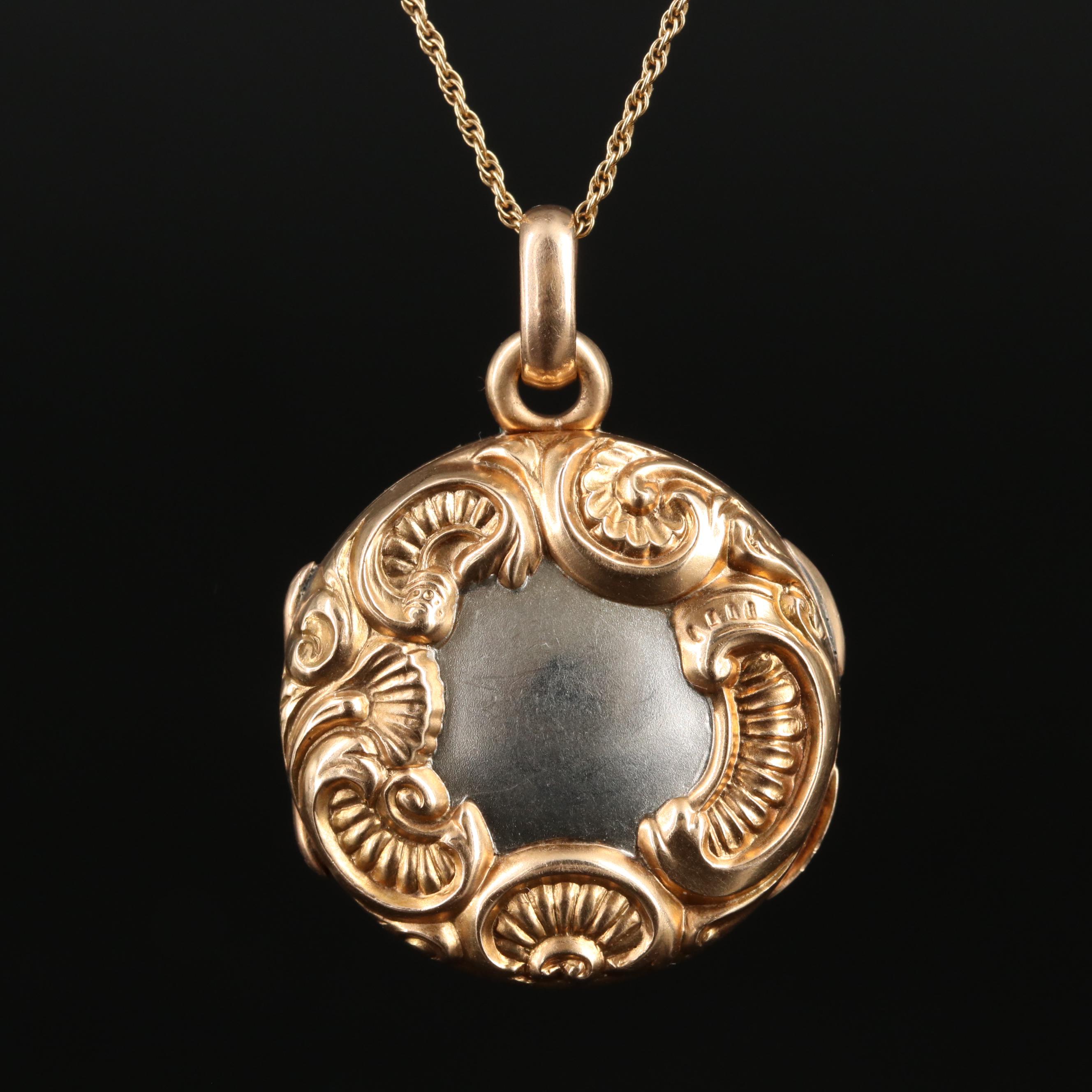 14K Circle Locket Necklace with Platinum Accent