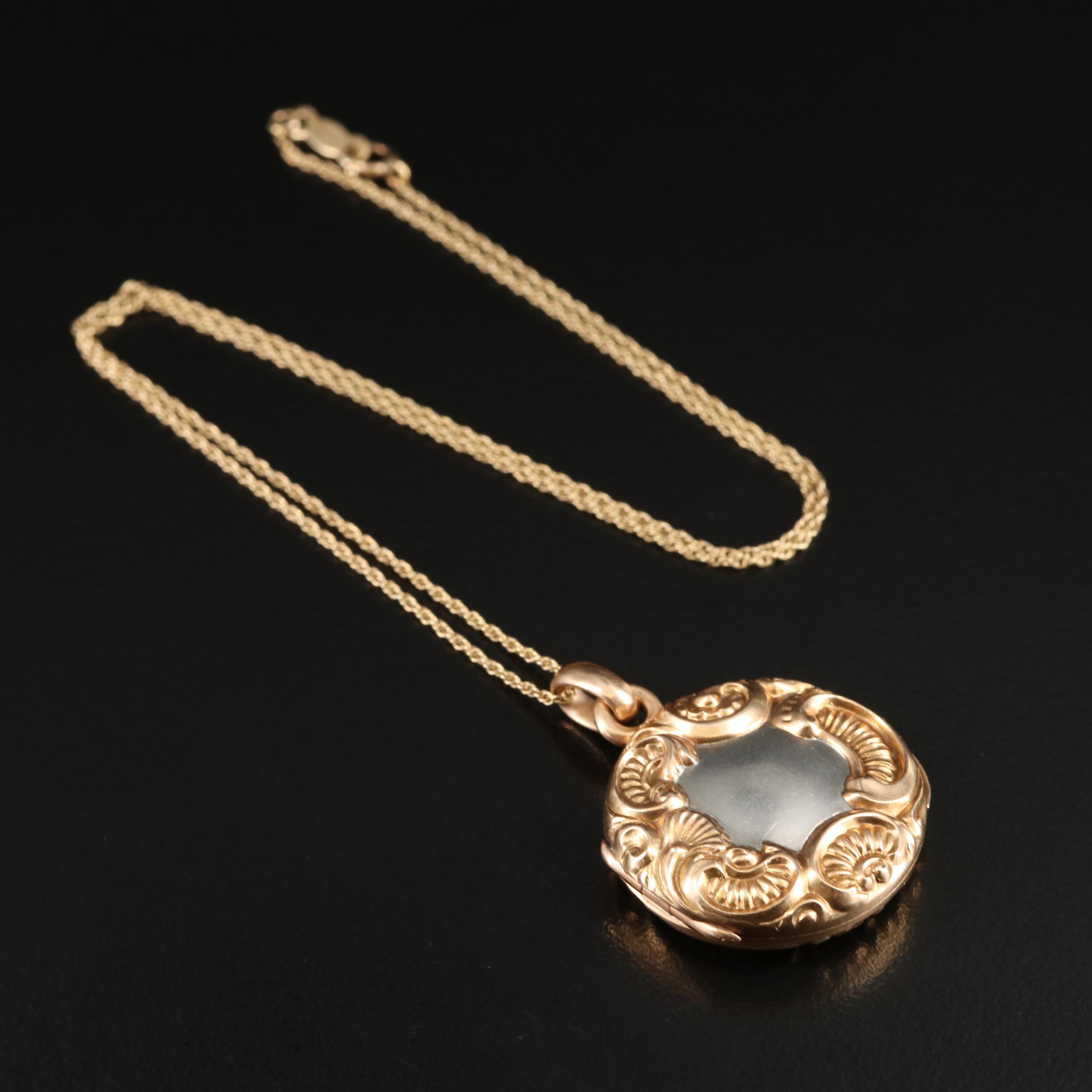 14K Circle Locket Necklace with Platinum Accent