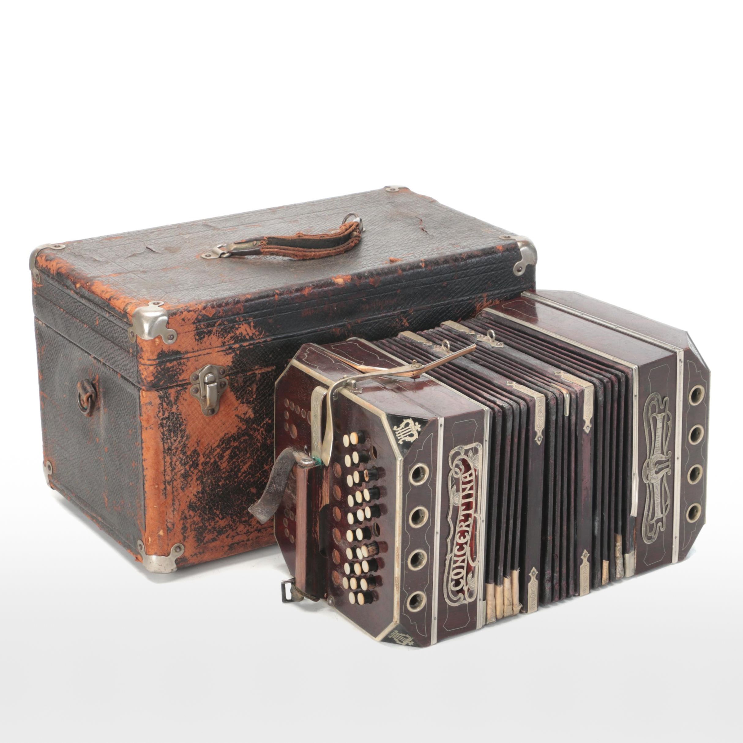 F. Lange German Concertina Accordion with Case, Early 20th Century