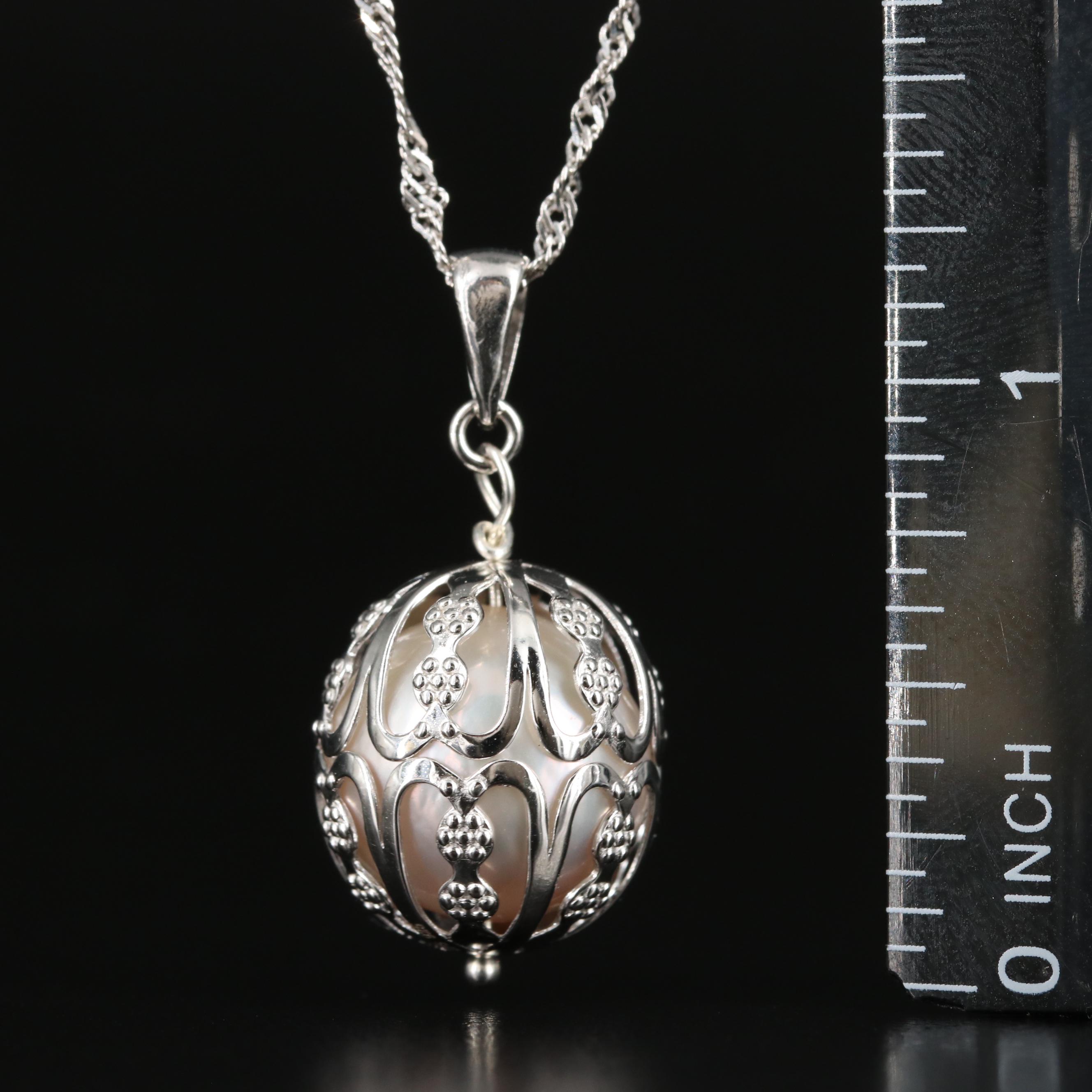 Sterling Pearl Cage Pendant Necklace