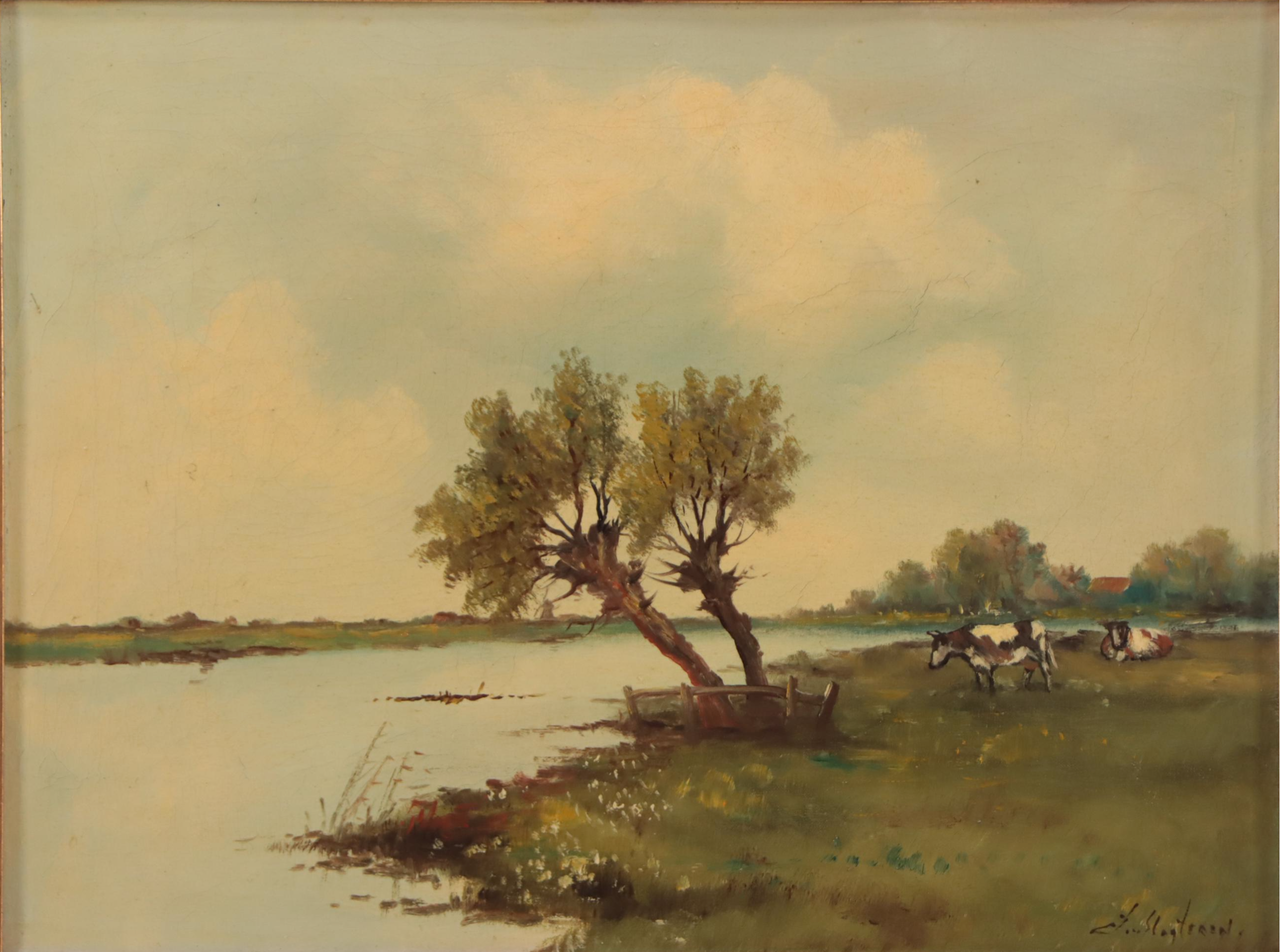 Oil Painting of Pastoral Lake Landscape With Cows, Early 20th Century