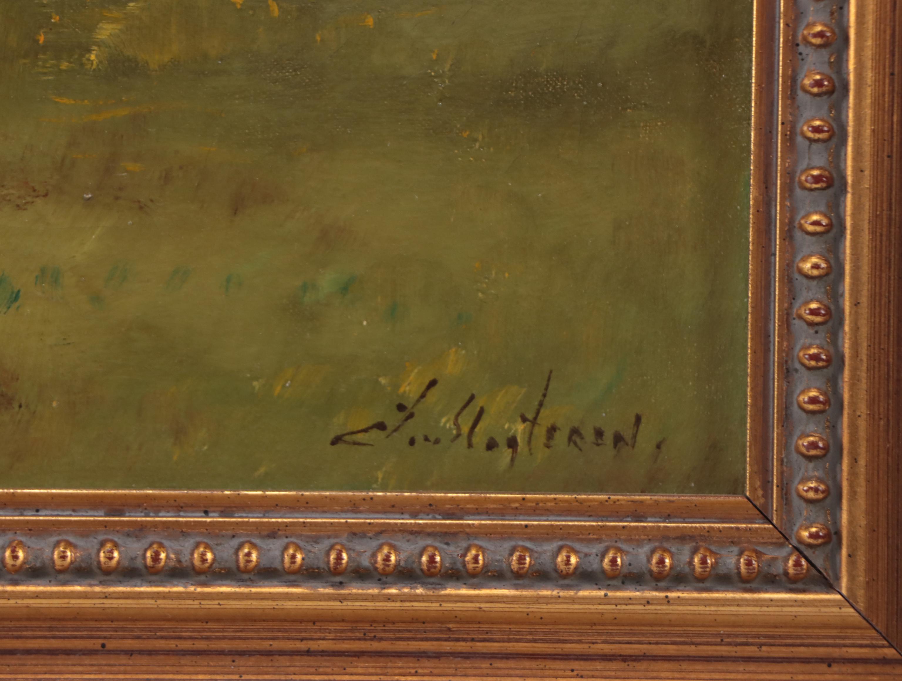 Oil Painting of Pastoral Lake Landscape With Cows, Early 20th Century