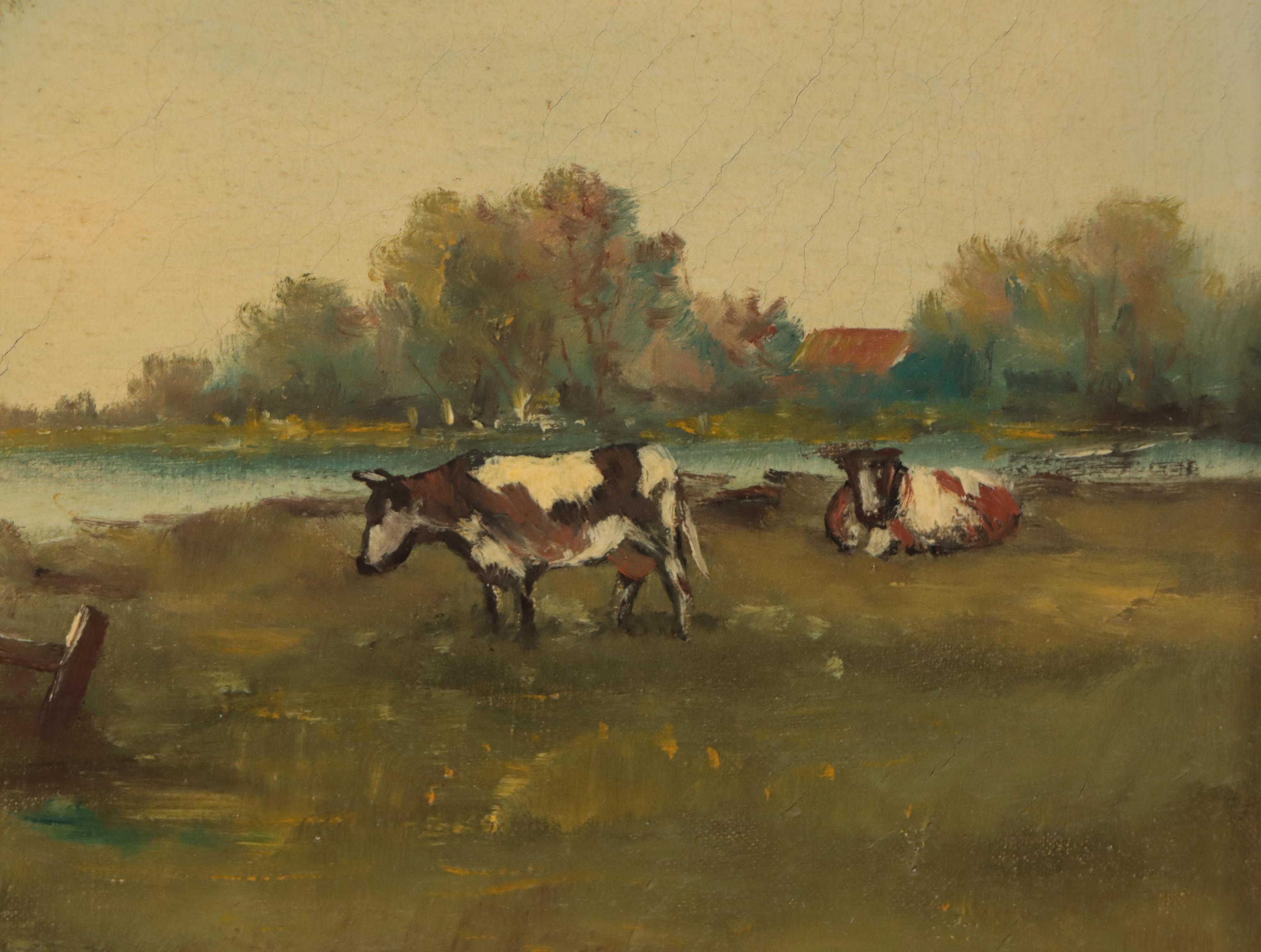 Oil Painting of Pastoral Lake Landscape With Cows, Early 20th Century