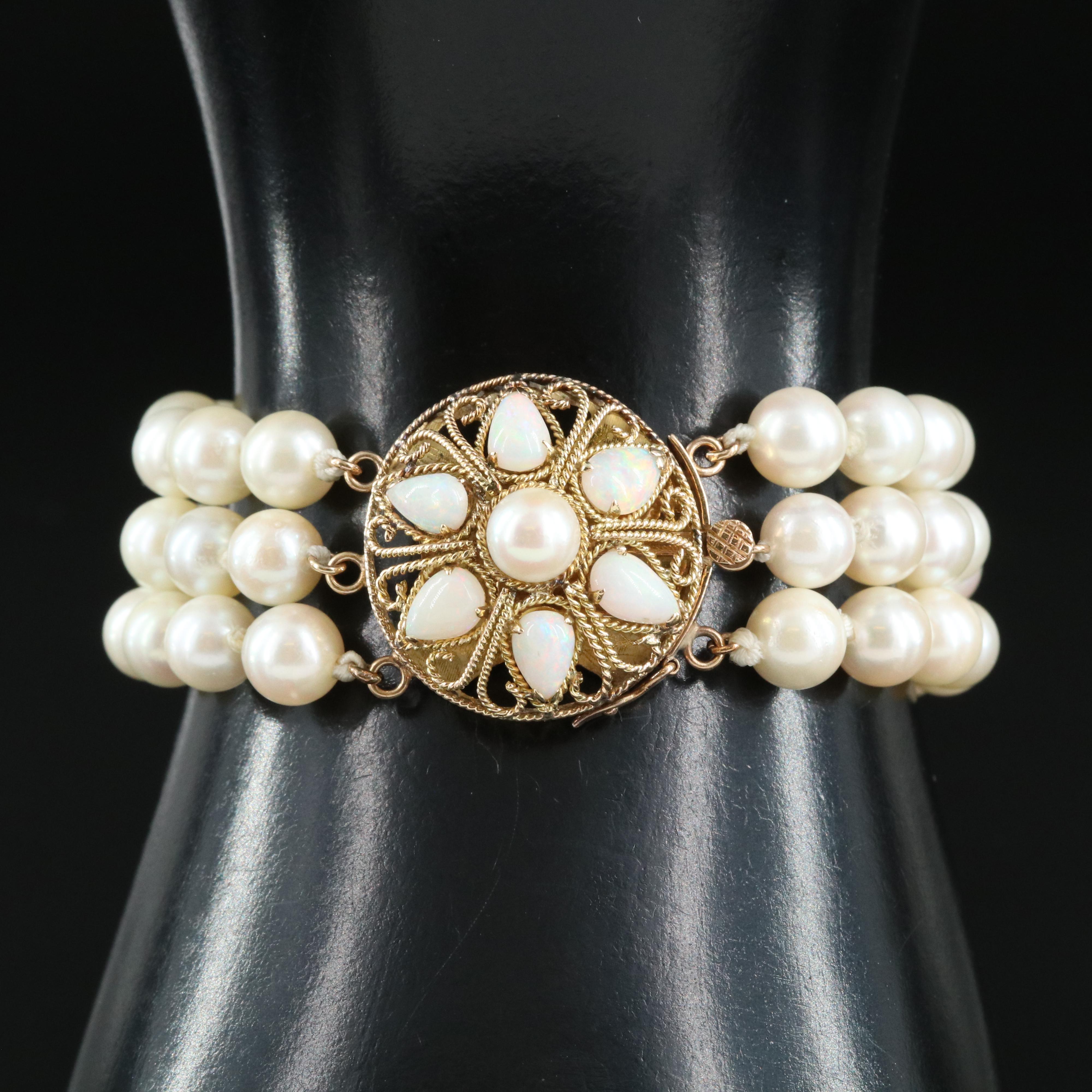 Triple Strand Pearl Bracelet with 14K Opal Clasp
