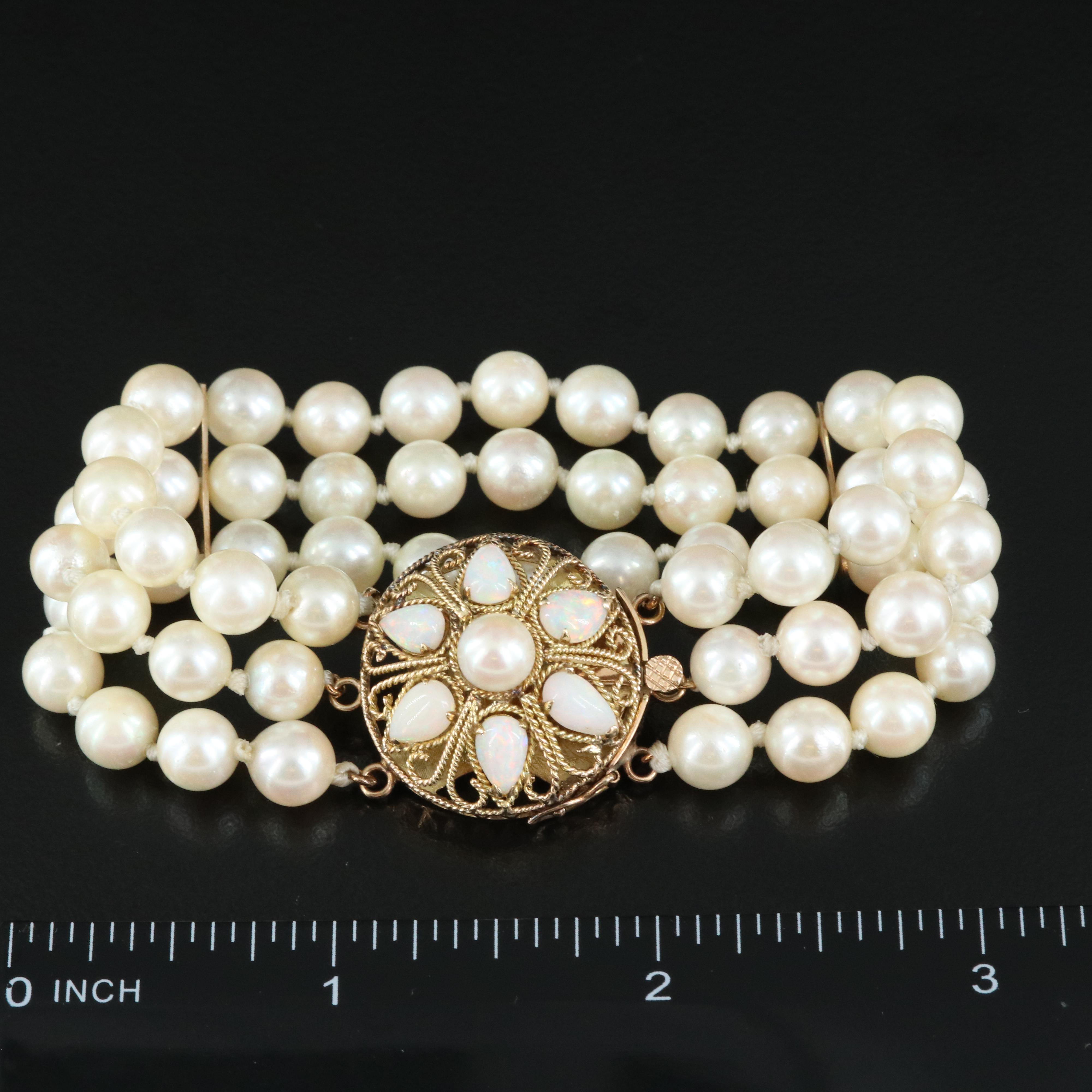 Triple Strand Pearl Bracelet with 14K Opal Clasp