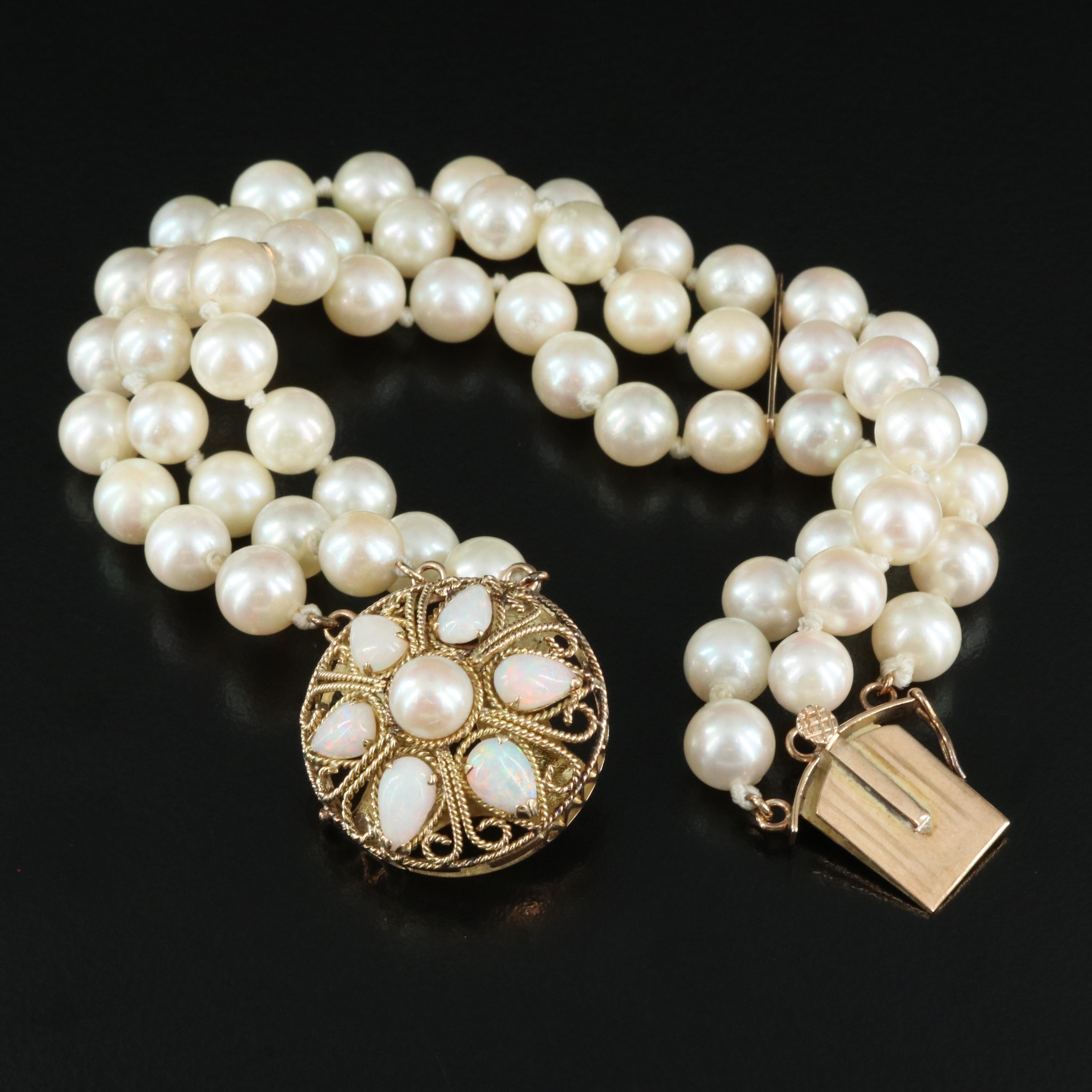 Triple Strand Pearl Bracelet with 14K Opal Clasp