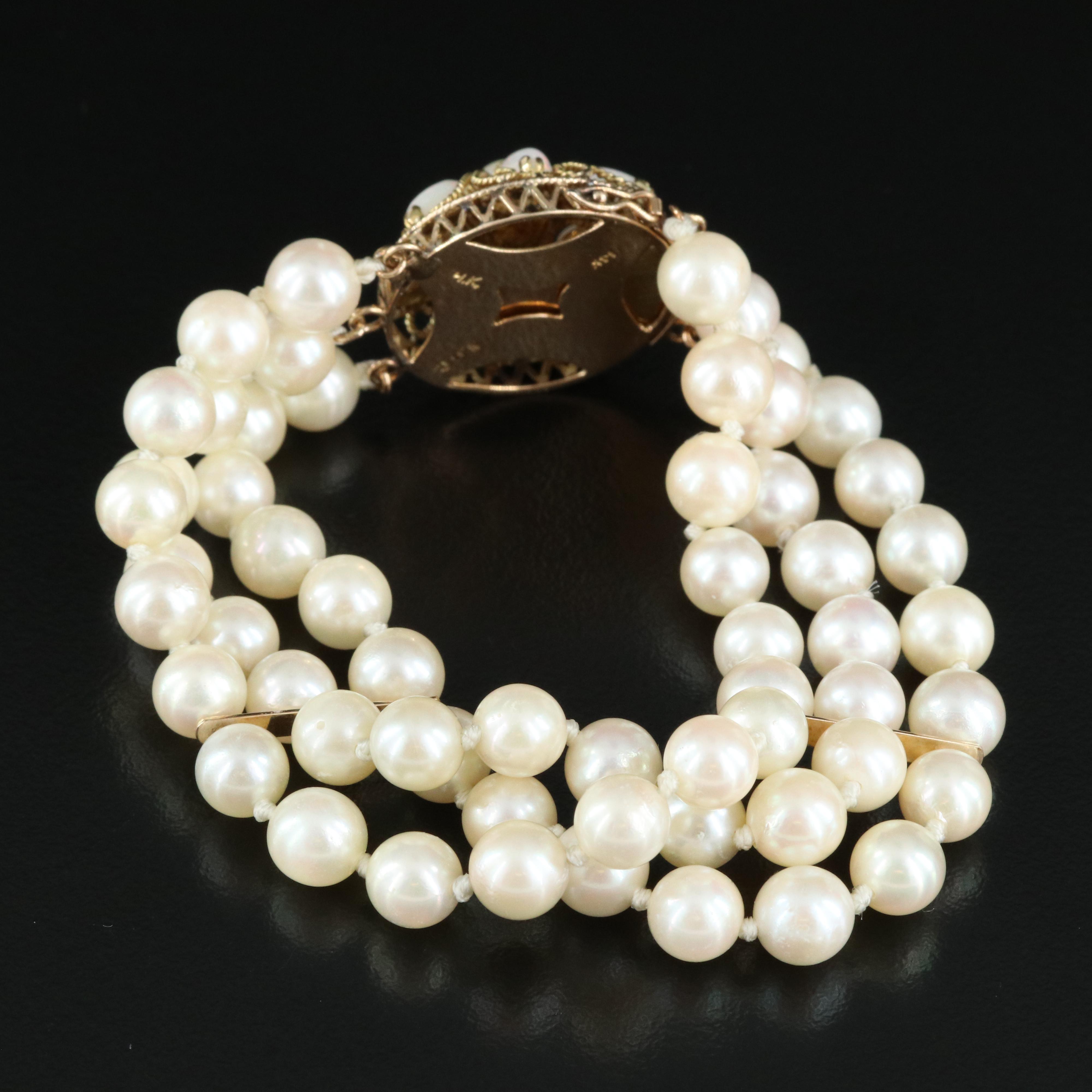Triple Strand Pearl Bracelet with 14K Opal Clasp