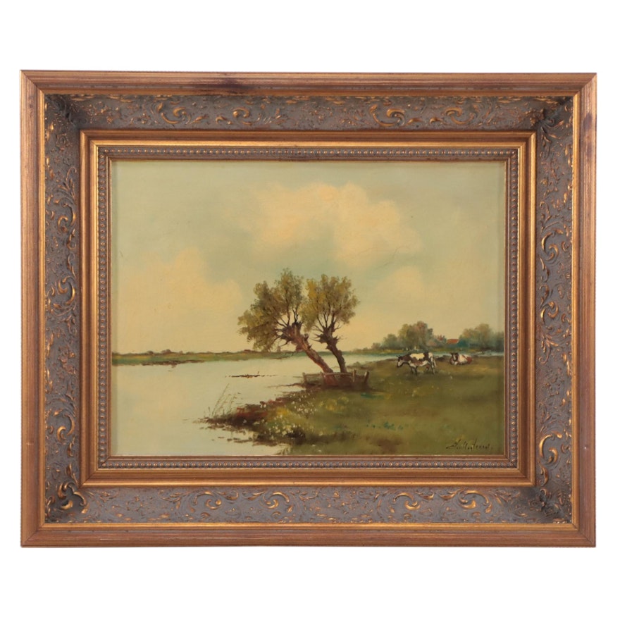 Oil Painting of Pastoral Lake Landscape With Cows, Early 20th Century