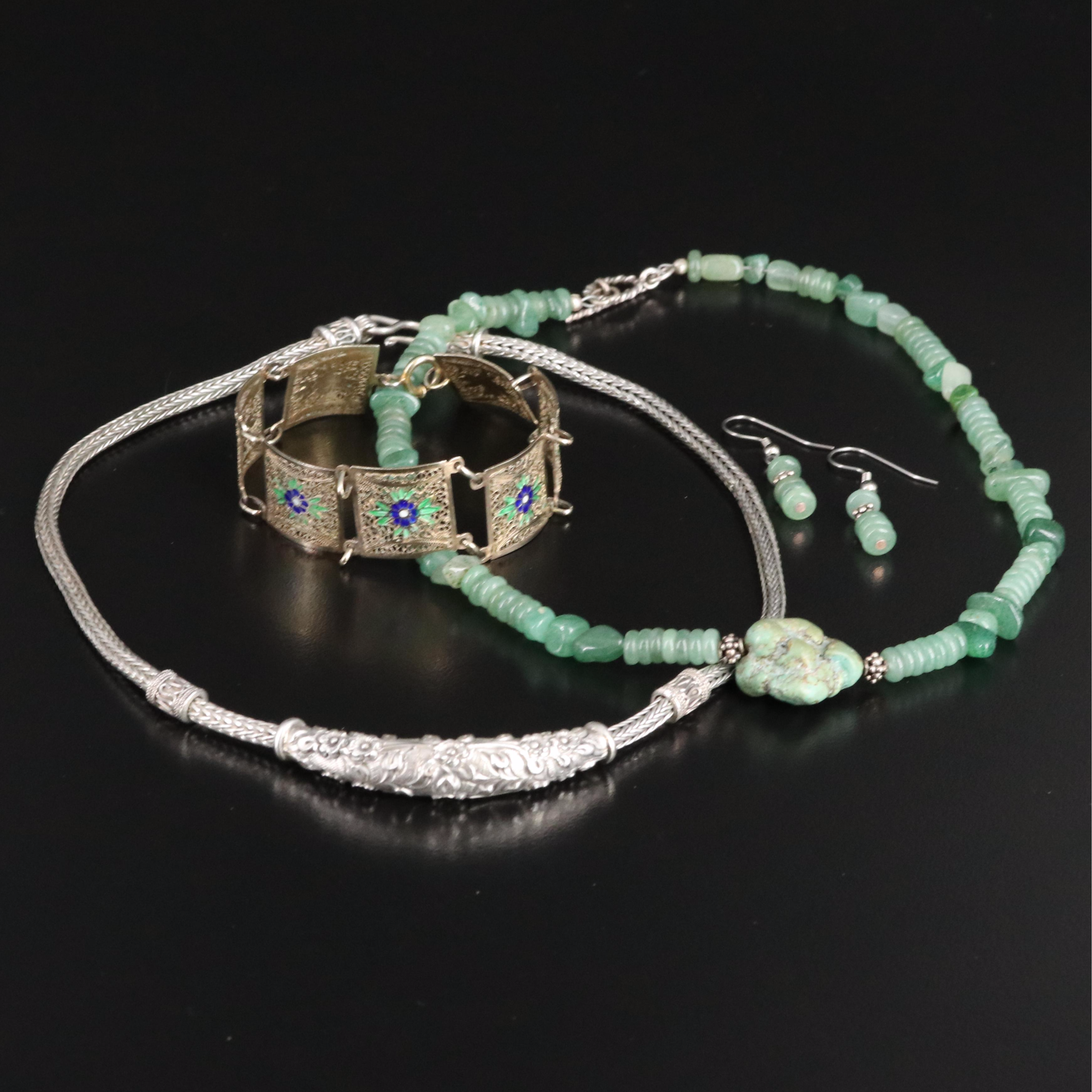 Sterling Aventurine Turquoise and Enamel Jewelry with Filigree Bracelet