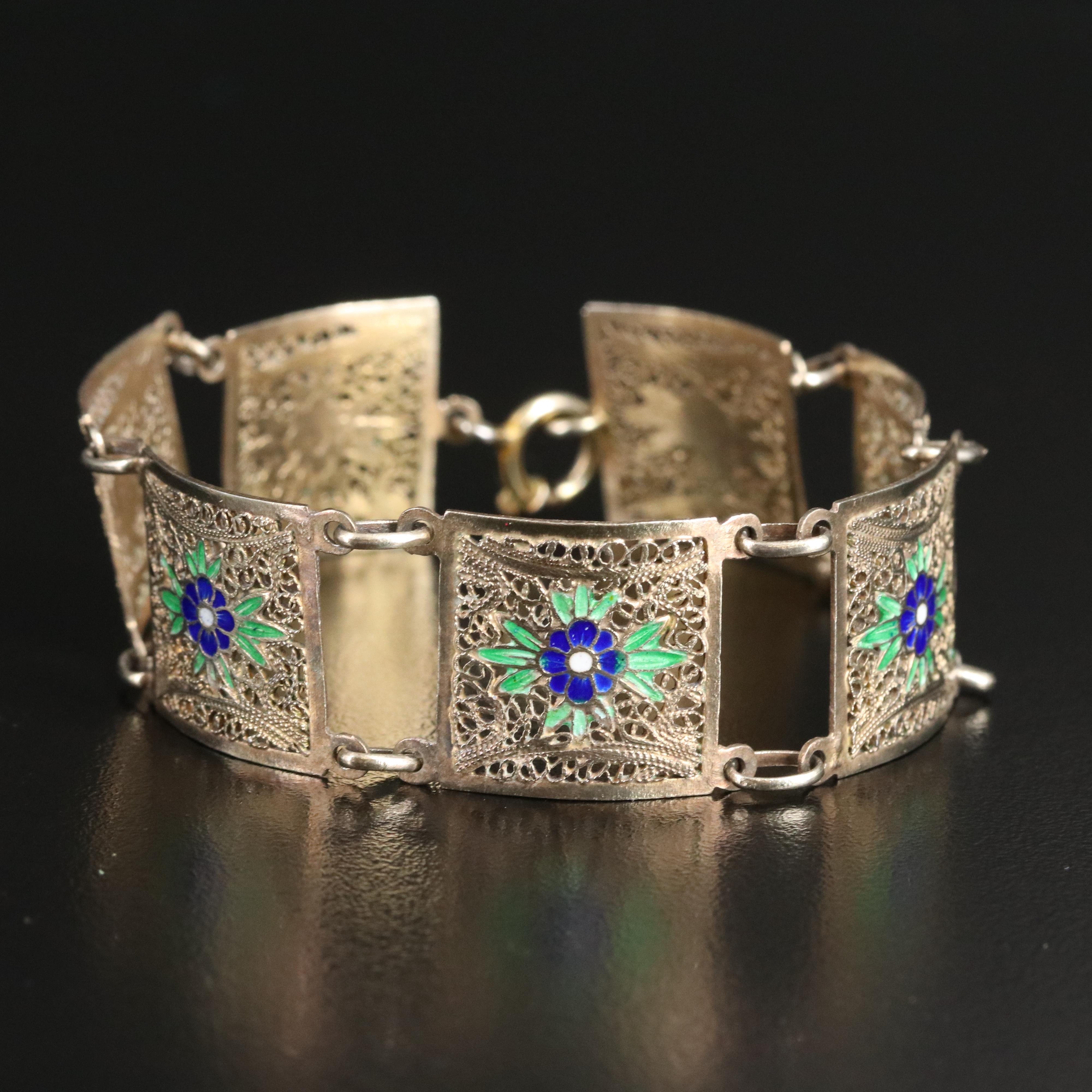 Sterling Aventurine Turquoise and Enamel Jewelry with Filigree Bracelet