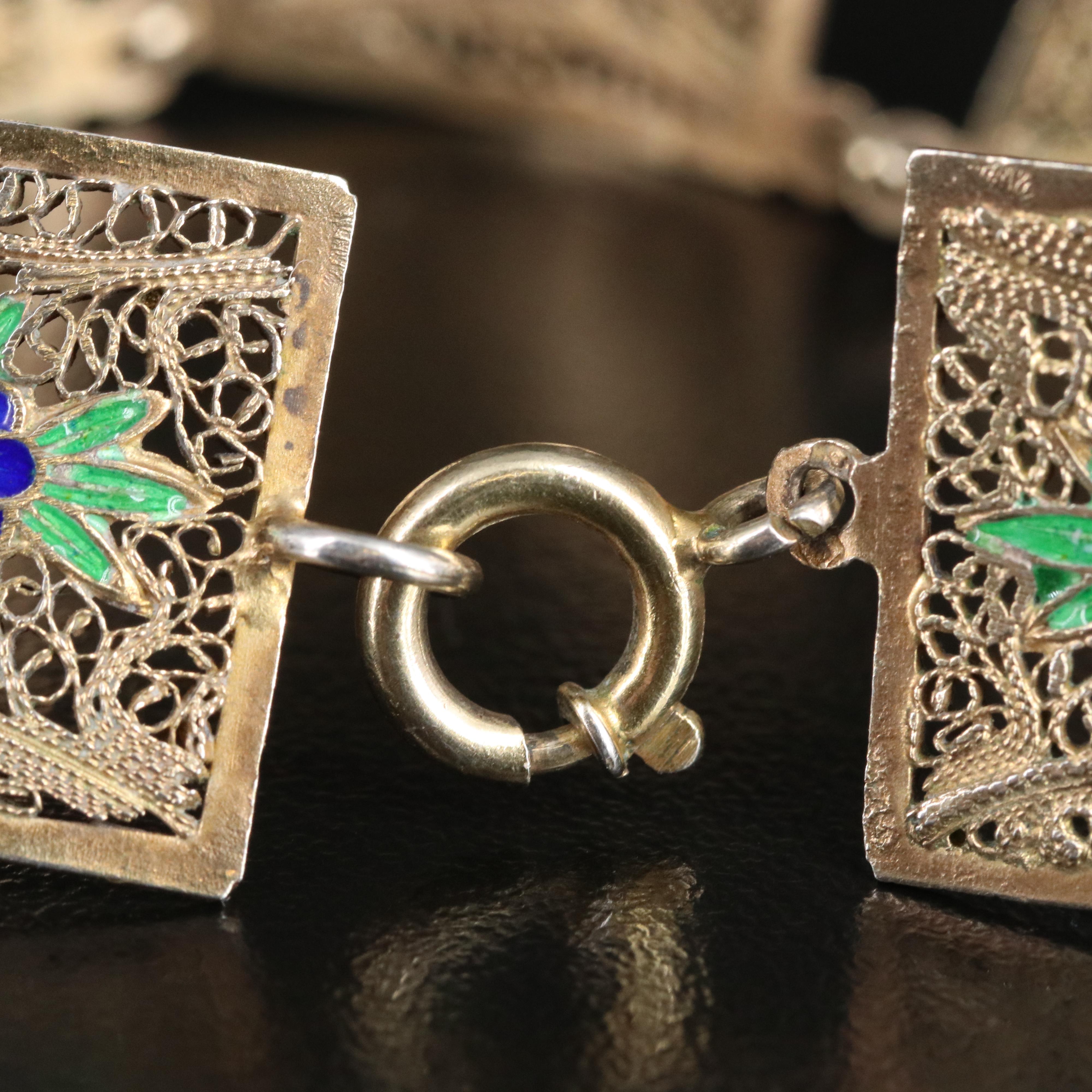 Sterling Aventurine Turquoise and Enamel Jewelry with Filigree Bracelet