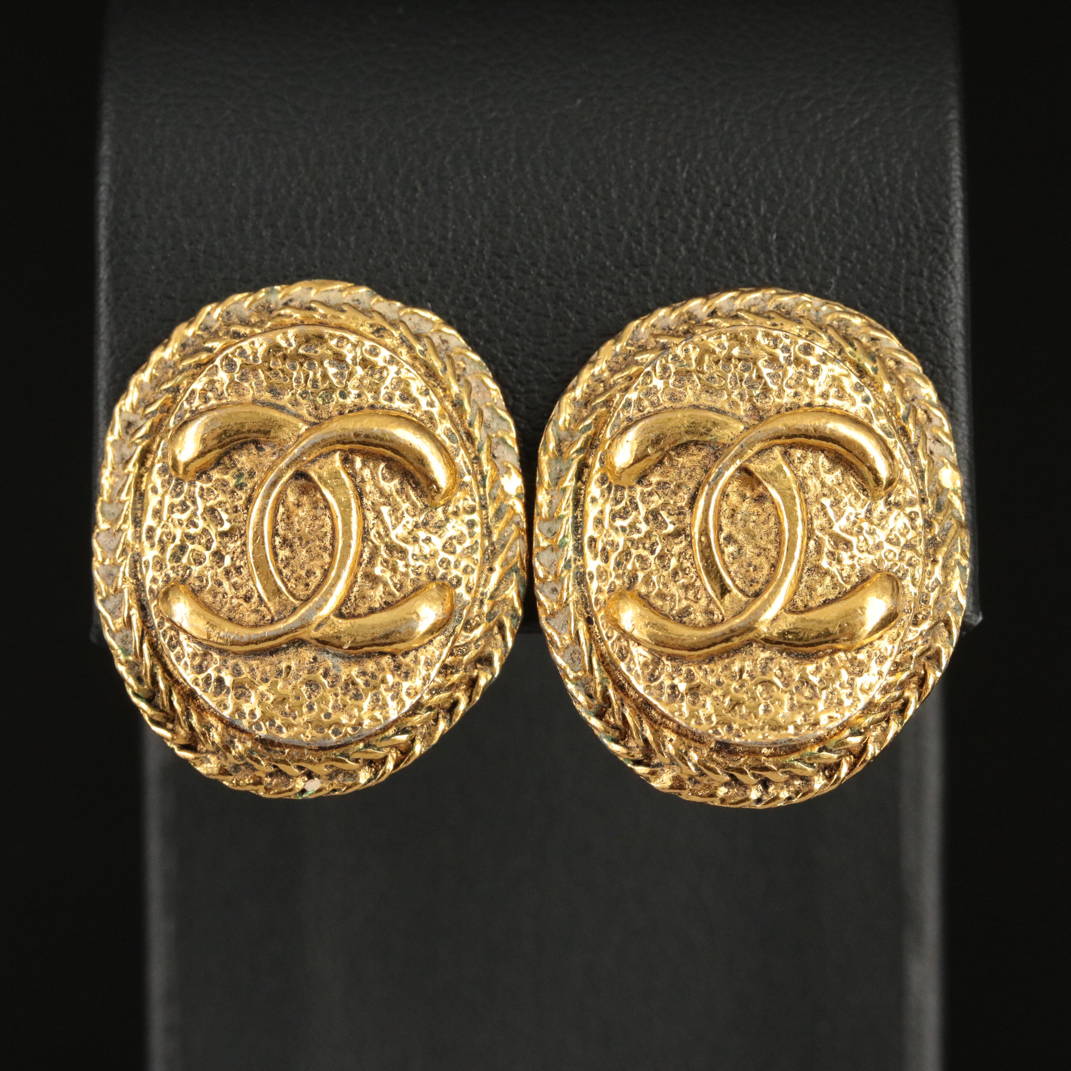 1970s Chanel Textured Oval Logo Clip Earrings