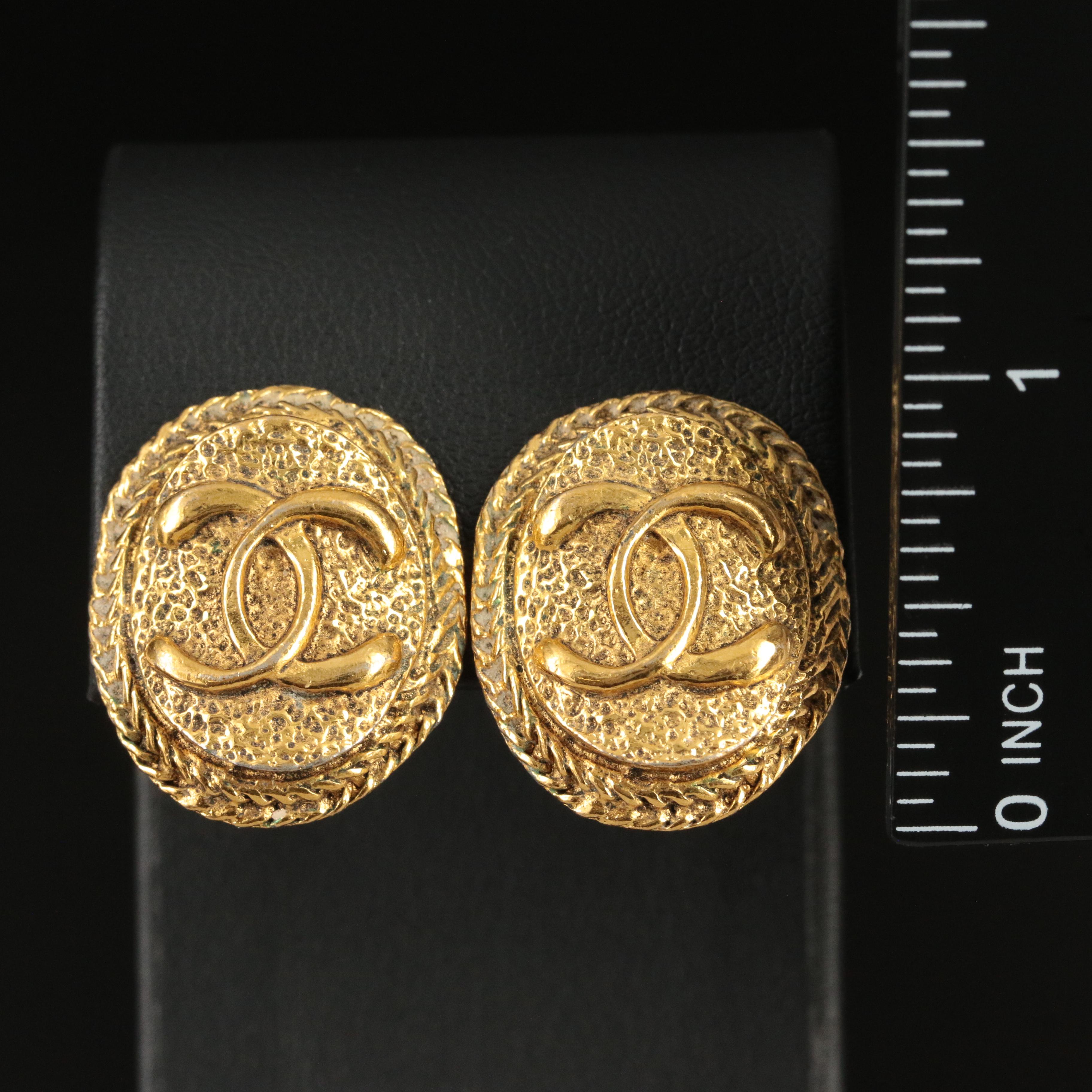 1970s Chanel Textured Oval Logo Clip Earrings