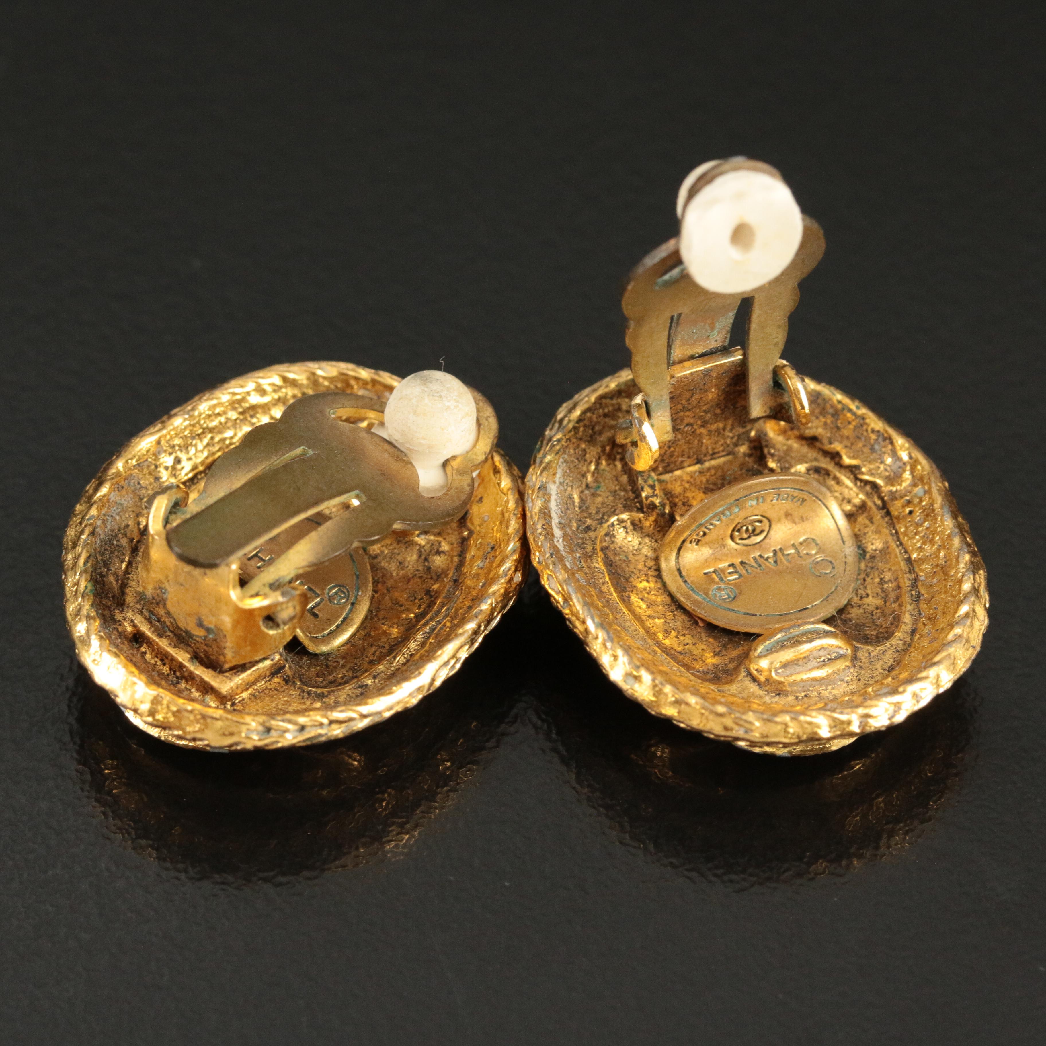 1970s Chanel Textured Oval Logo Clip Earrings