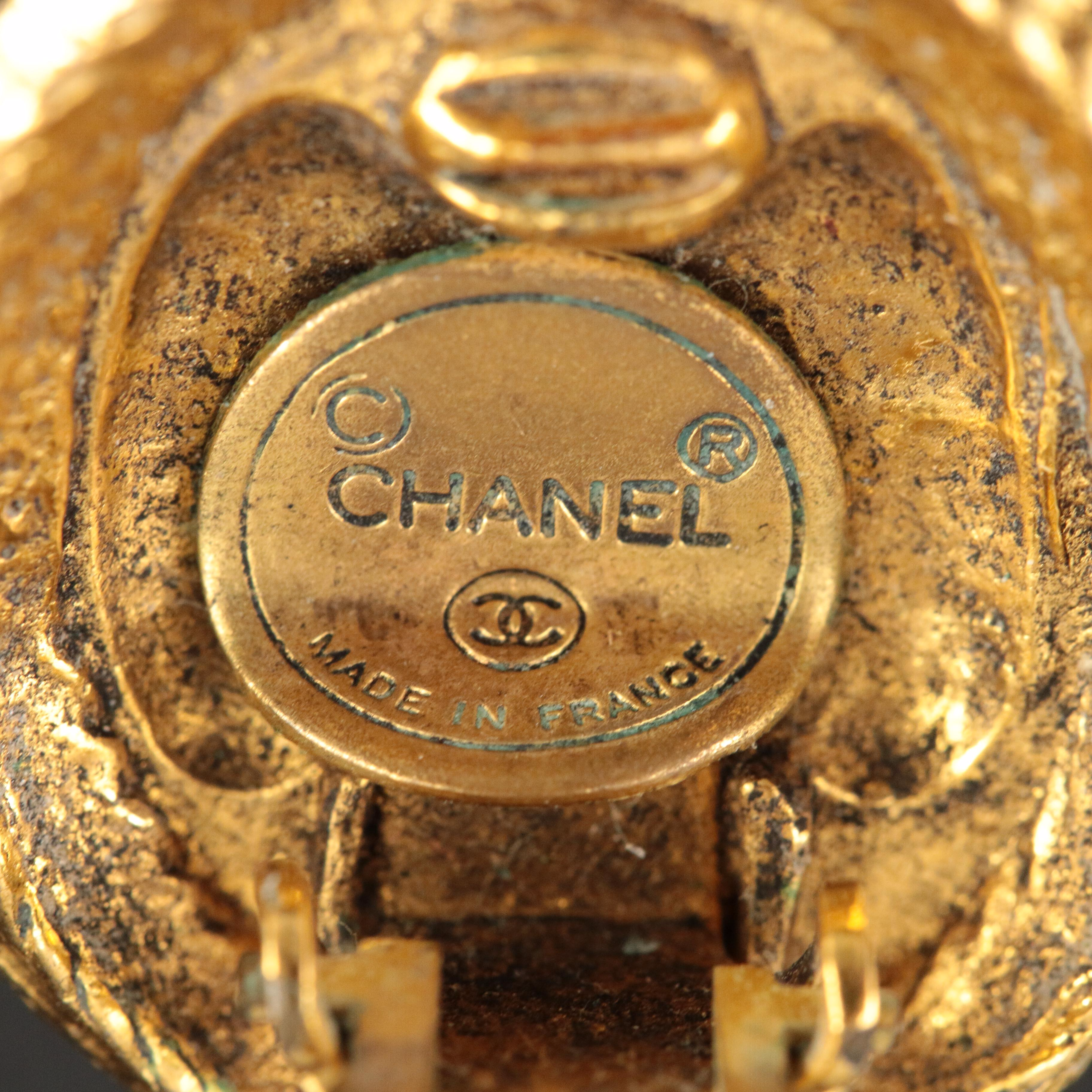 1970s Chanel Textured Oval Logo Clip Earrings