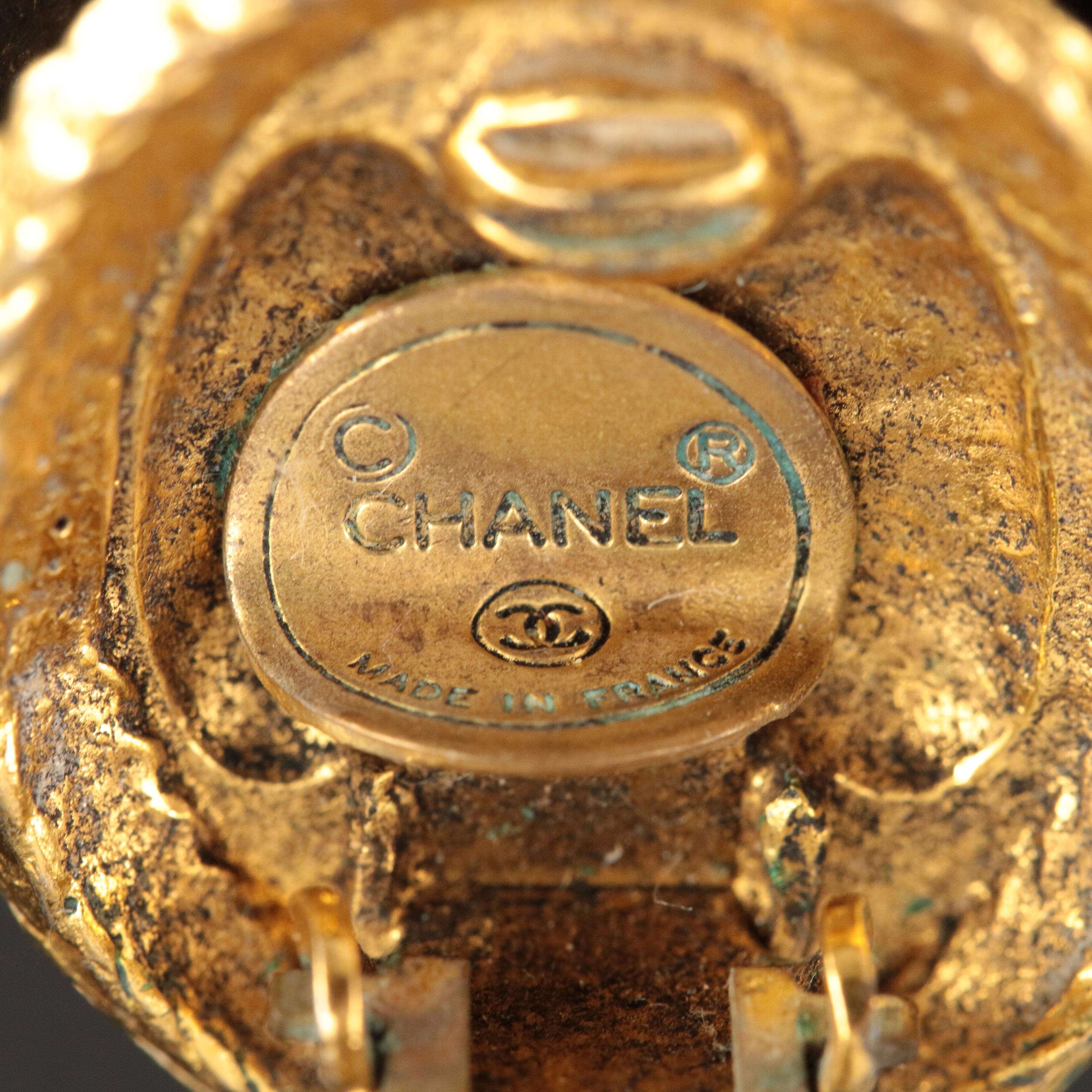 1970s Chanel Textured Oval Logo Clip Earrings