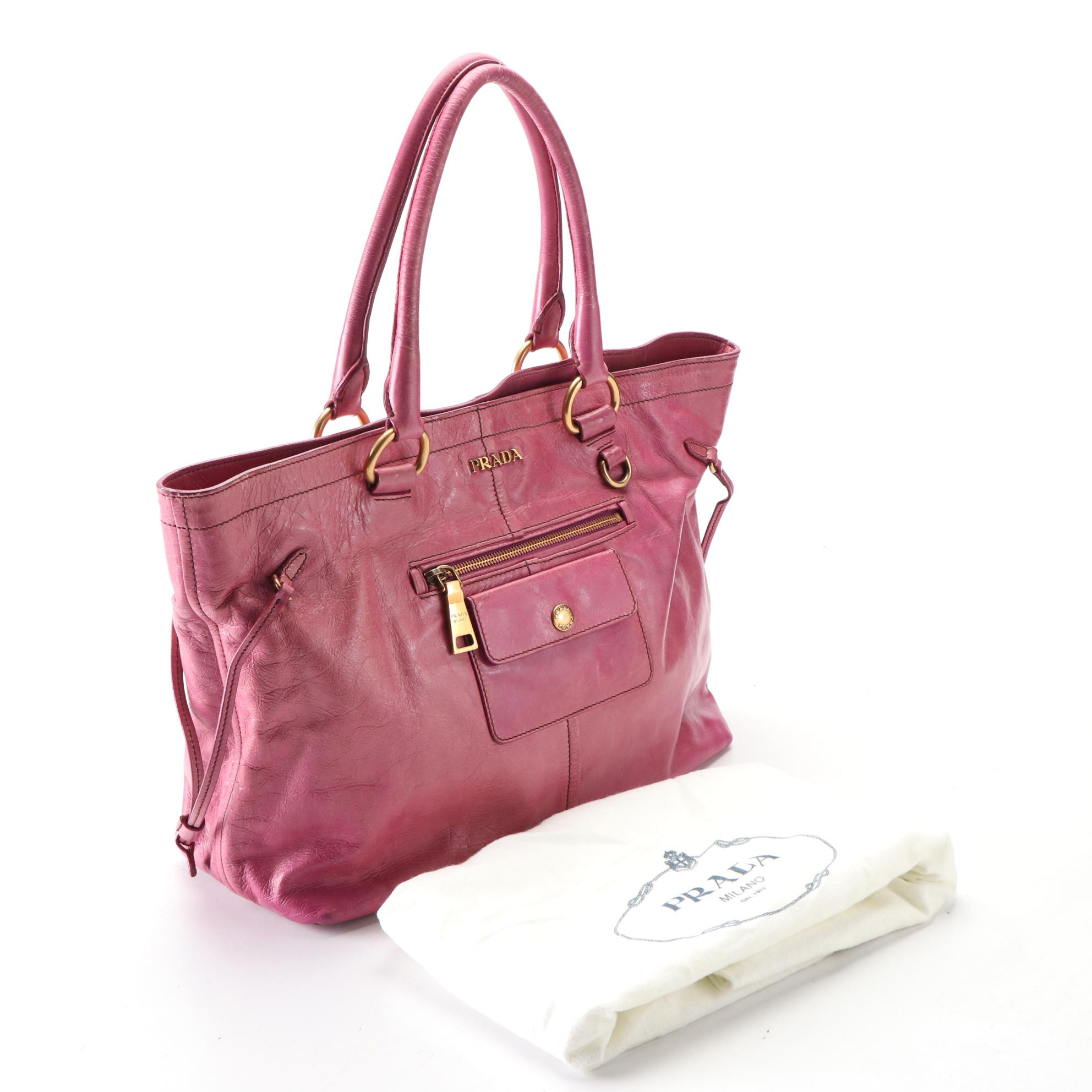 Prada Magenta Vitello Shine Front Pocket Leather Tote Bag