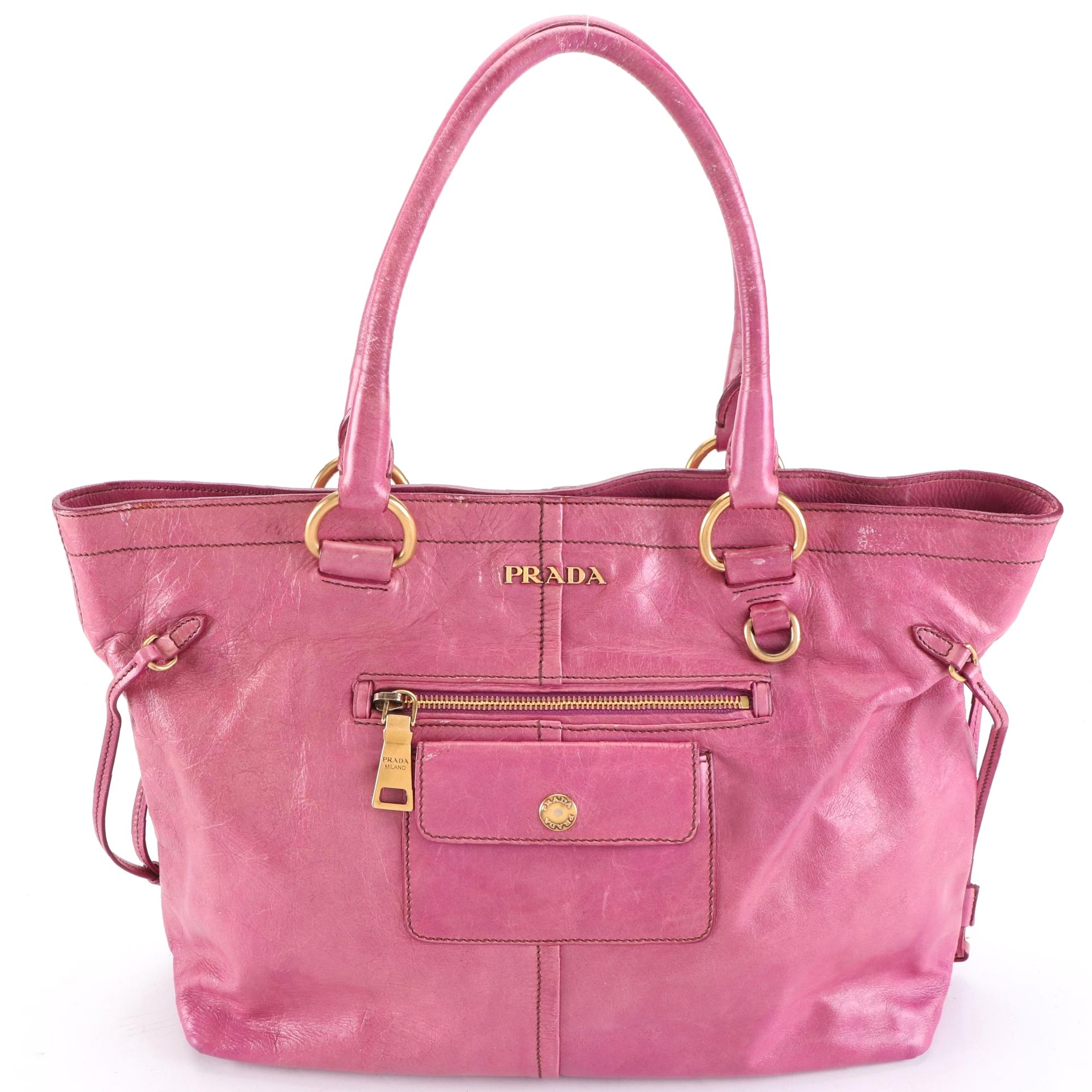 Prada Magenta Vitello Shine Front Pocket Leather Tote Bag