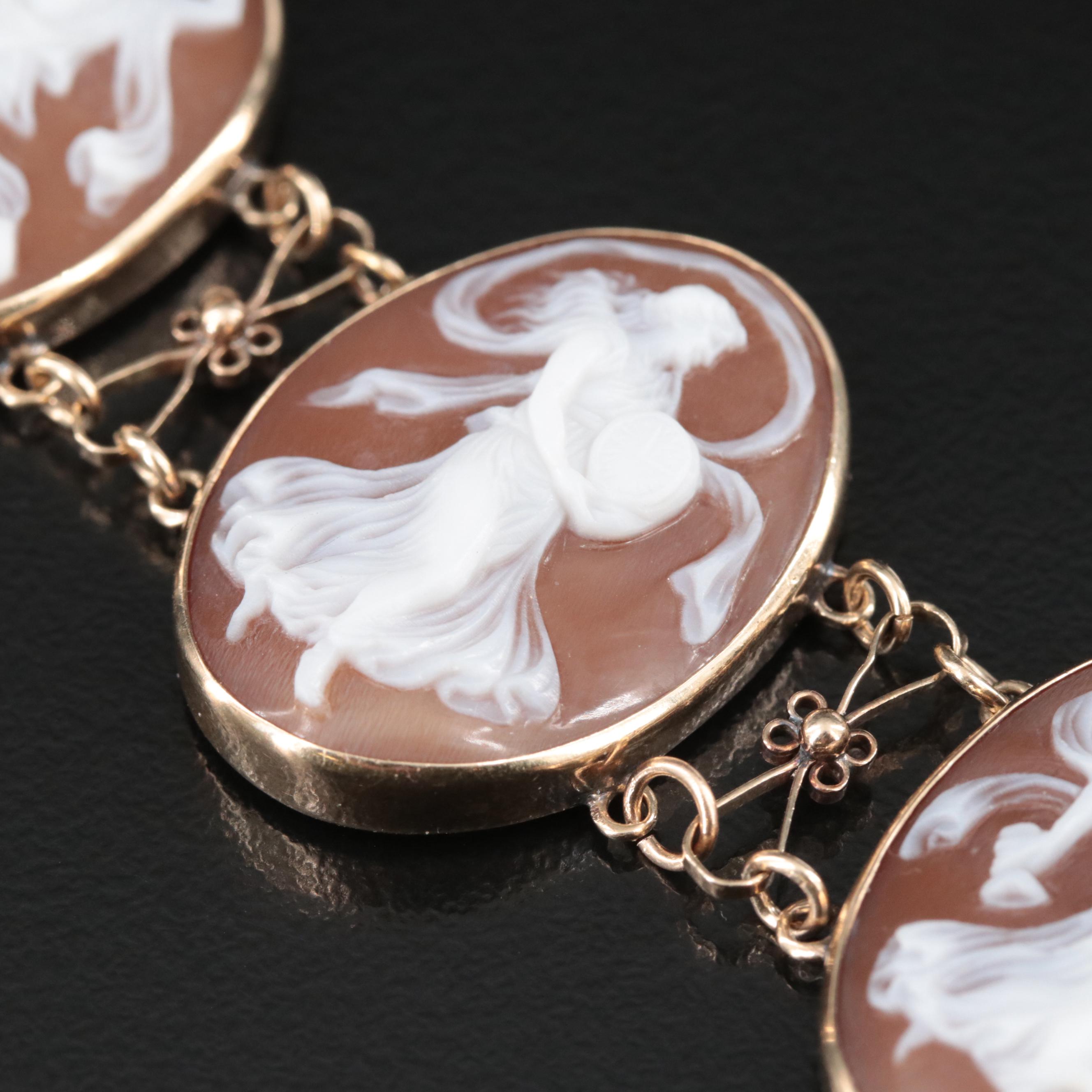 Antique 14K Seven Dancing Muses Shell Cameo Bracelet