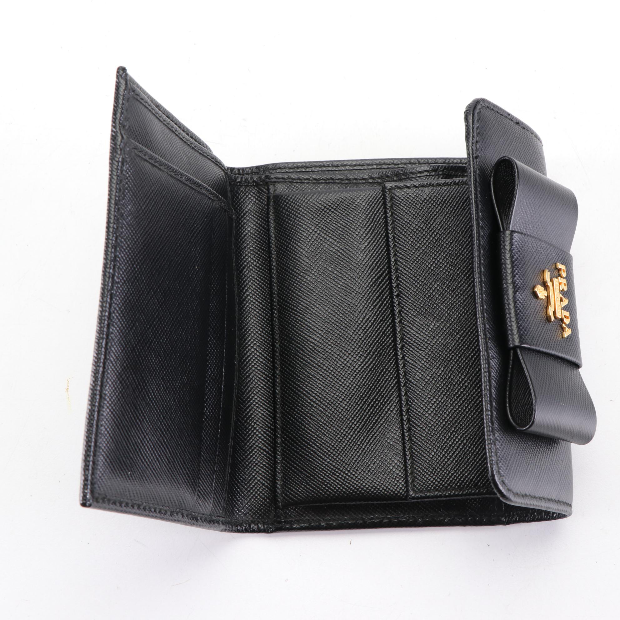 Prada Compact Bow Wallet in Black Saffiano Leather