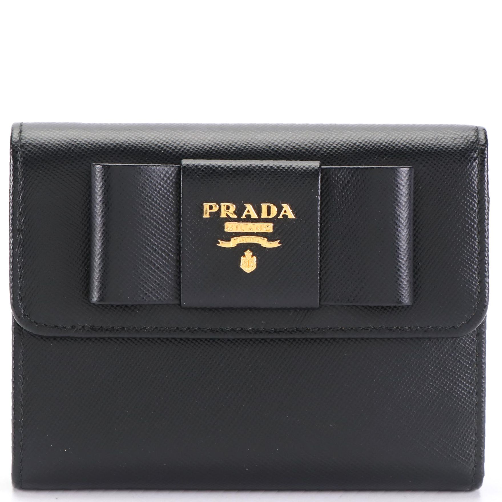 Prada Compact Bow Wallet in Black Saffiano Leather
