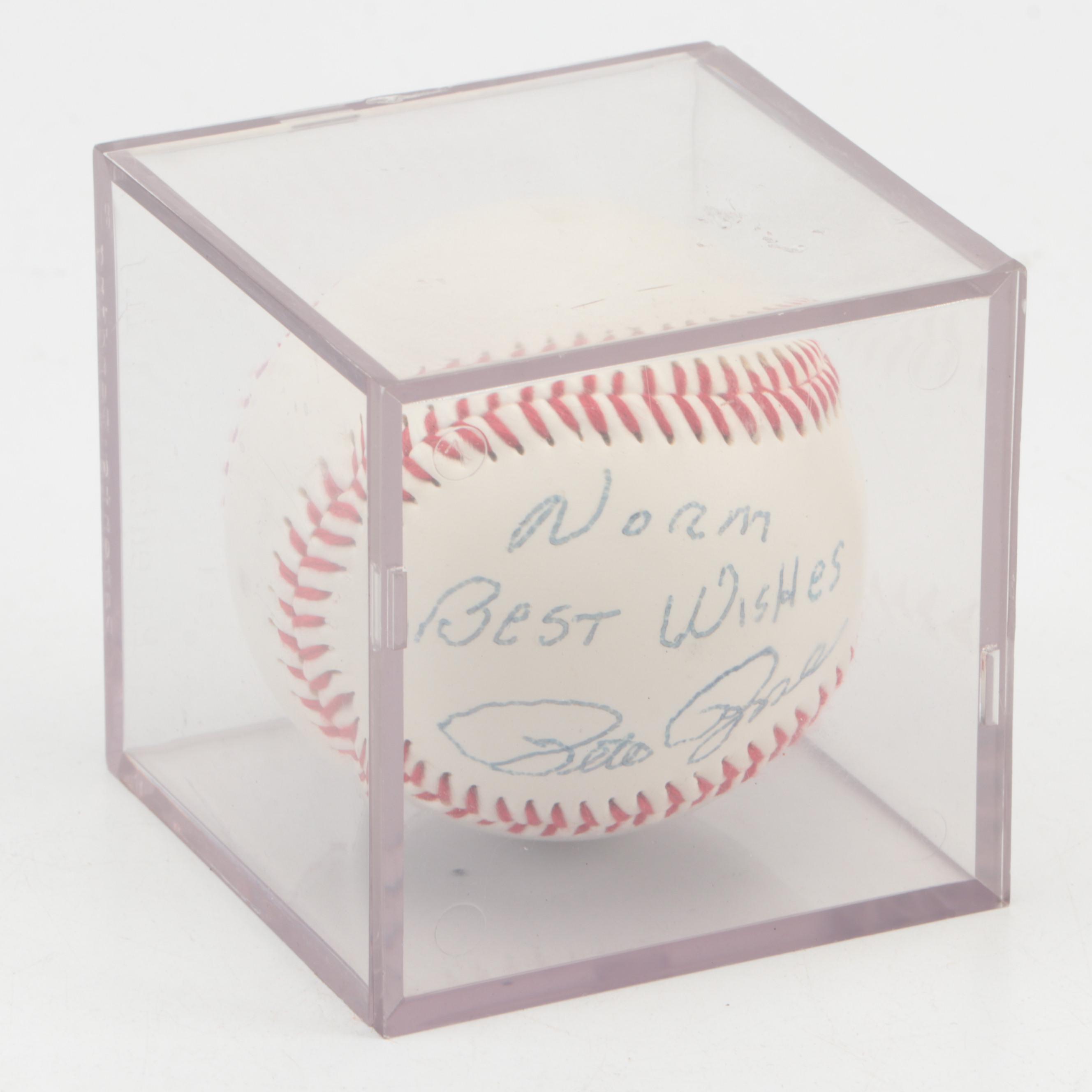 Pete Rose Signed Baseball with Baseball Stamps in Display, and More