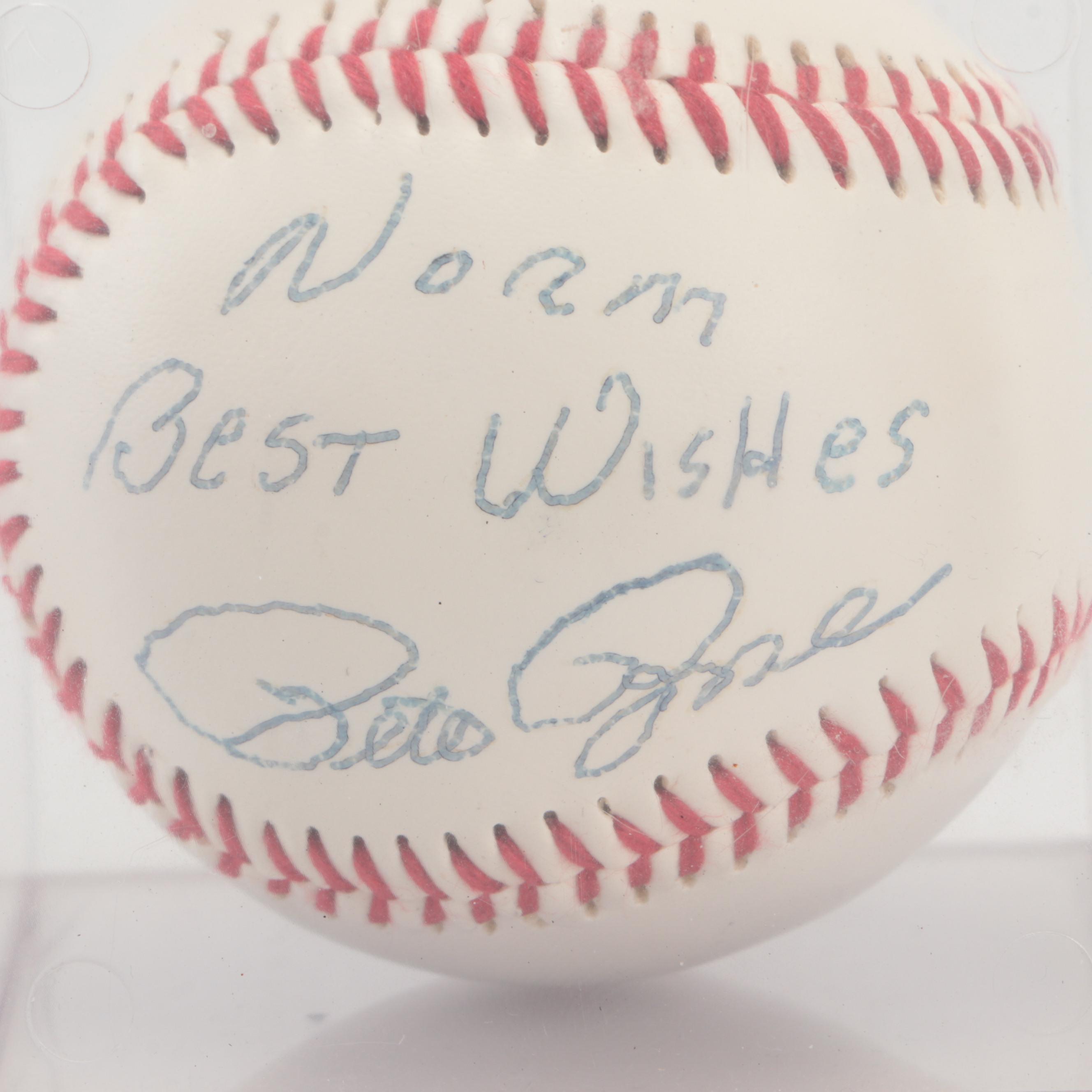 Pete Rose Signed Baseball with Baseball Stamps in Display, and More