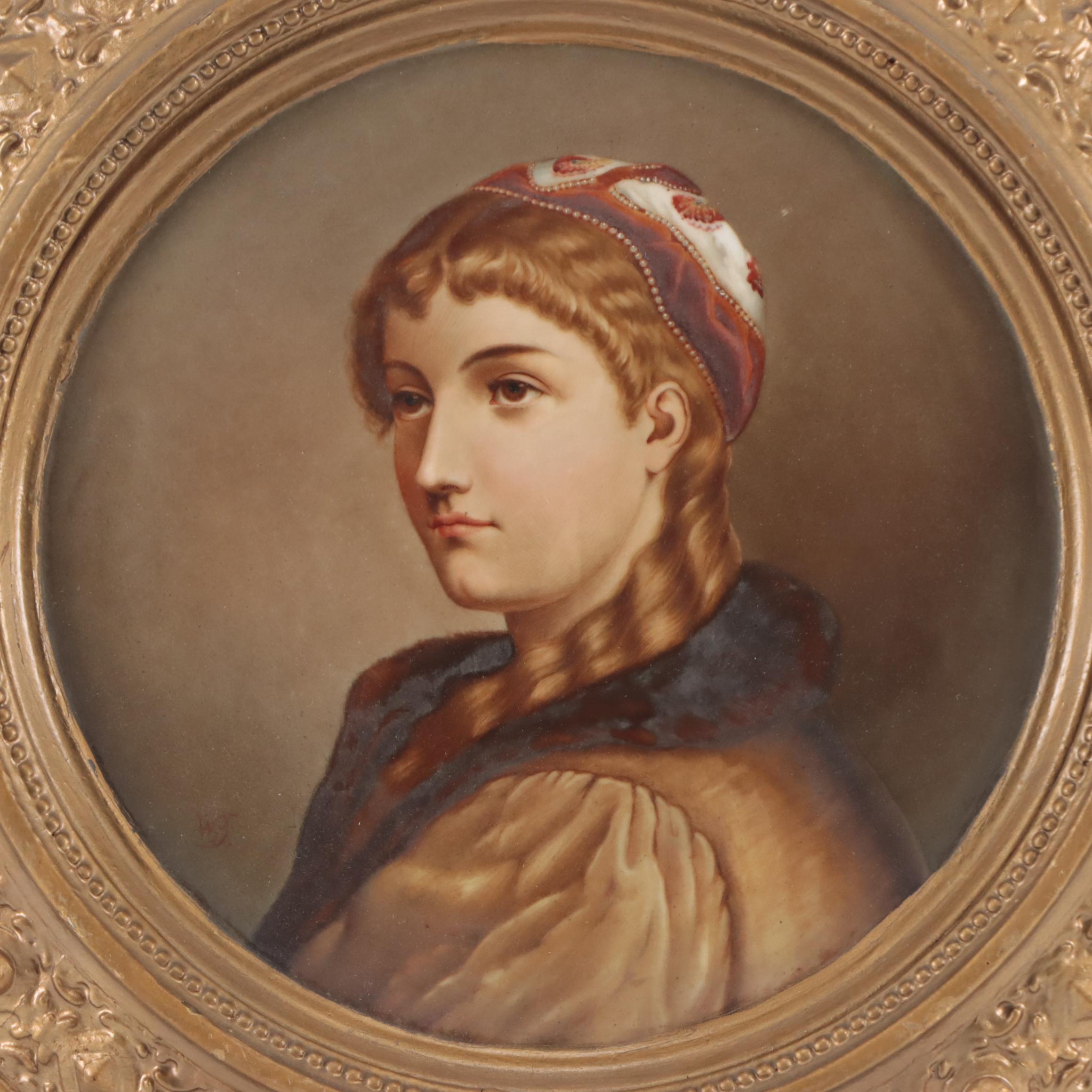 Hand-Painted Portrait Porcelain Plaque of Woman, Circa 1900