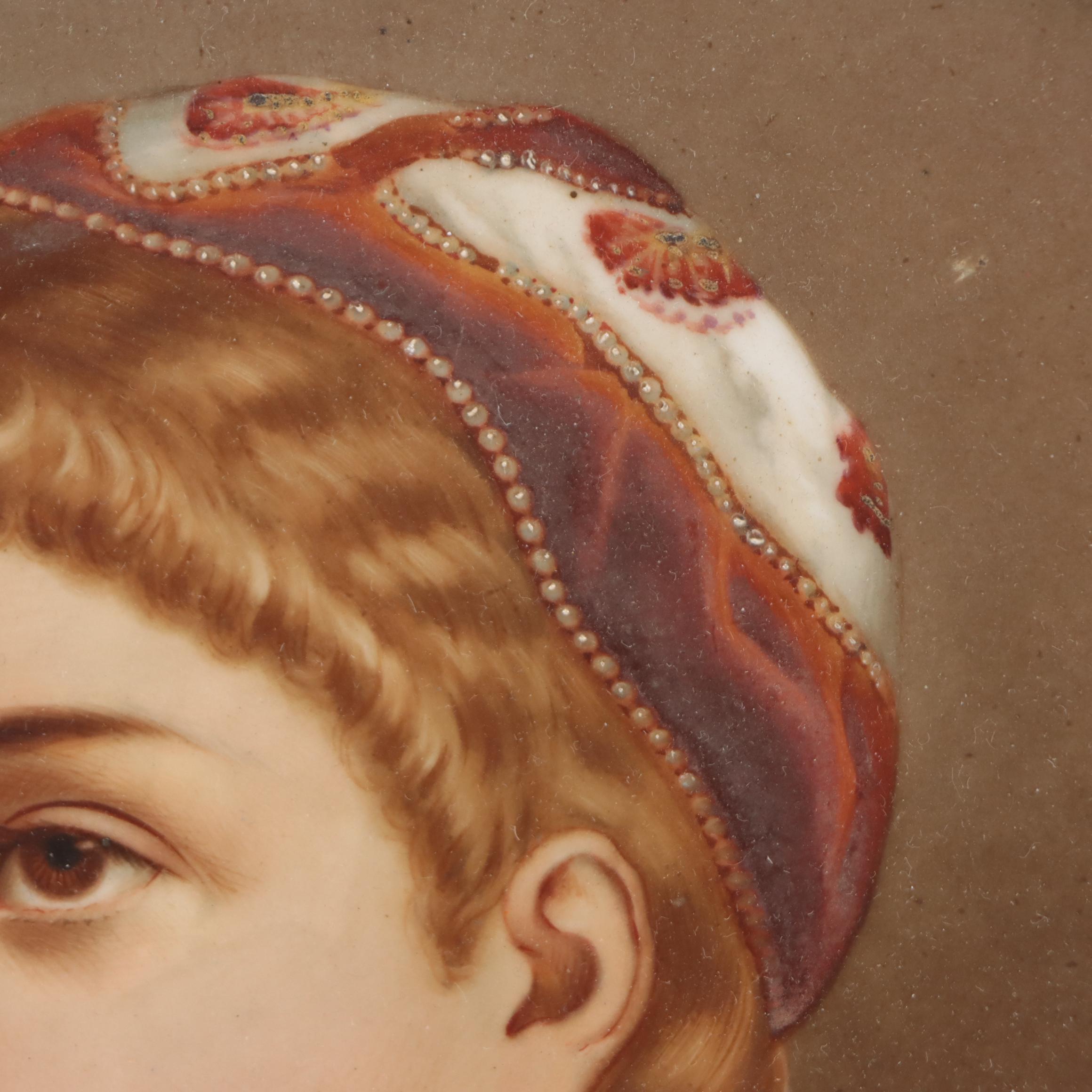 Hand-Painted Portrait Porcelain Plaque of Woman, Circa 1900
