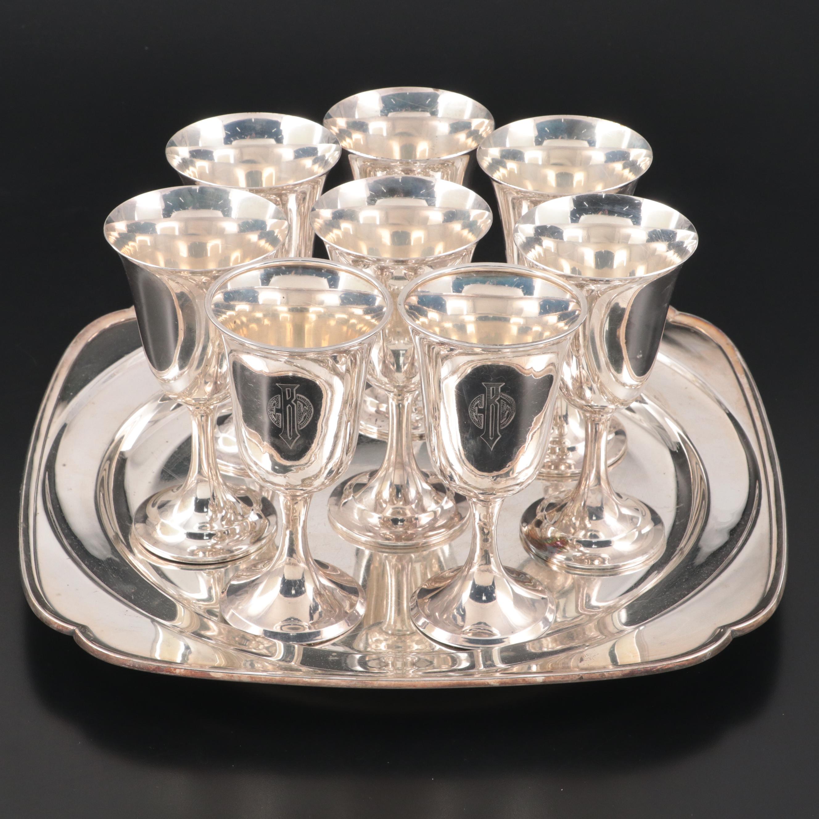 International "Lord Saybrook" Sterling Silver Goblets with Robert Ensko Tray