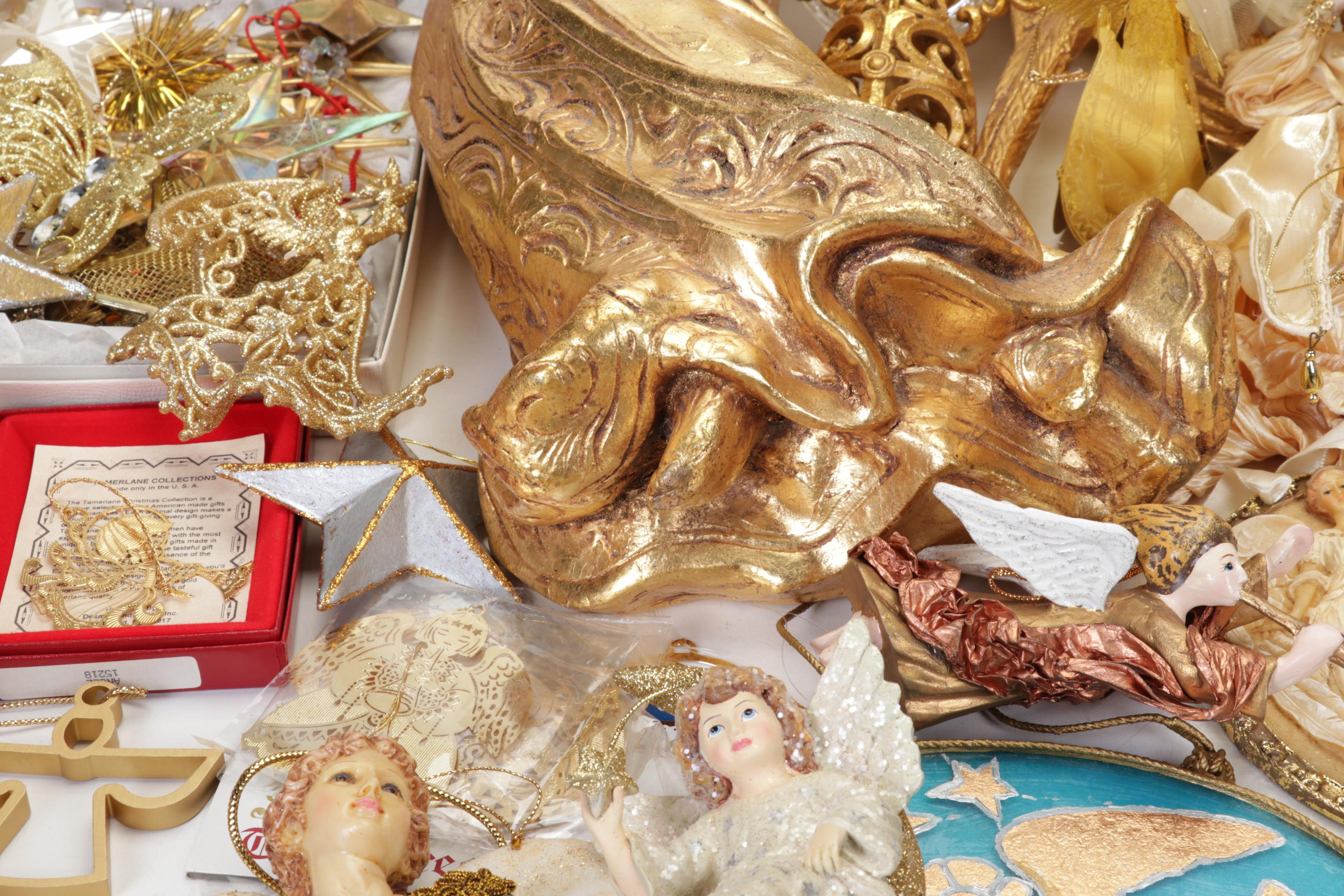 Gold Tone Angel Ornaments, Wall Hangings, Tree Toppers and More Decor