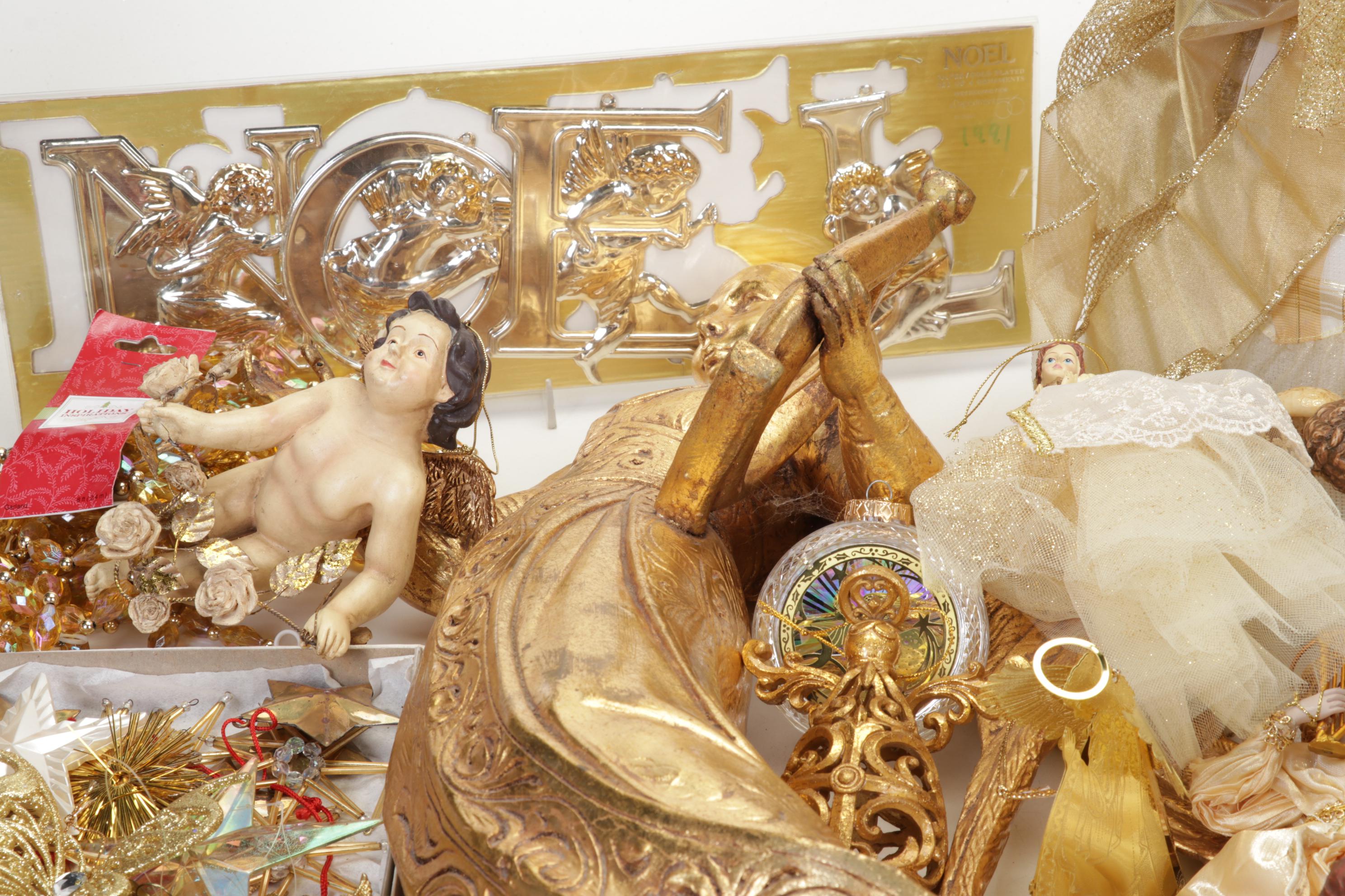 Gold Tone Angel Ornaments, Wall Hangings, Tree Toppers and More Decor