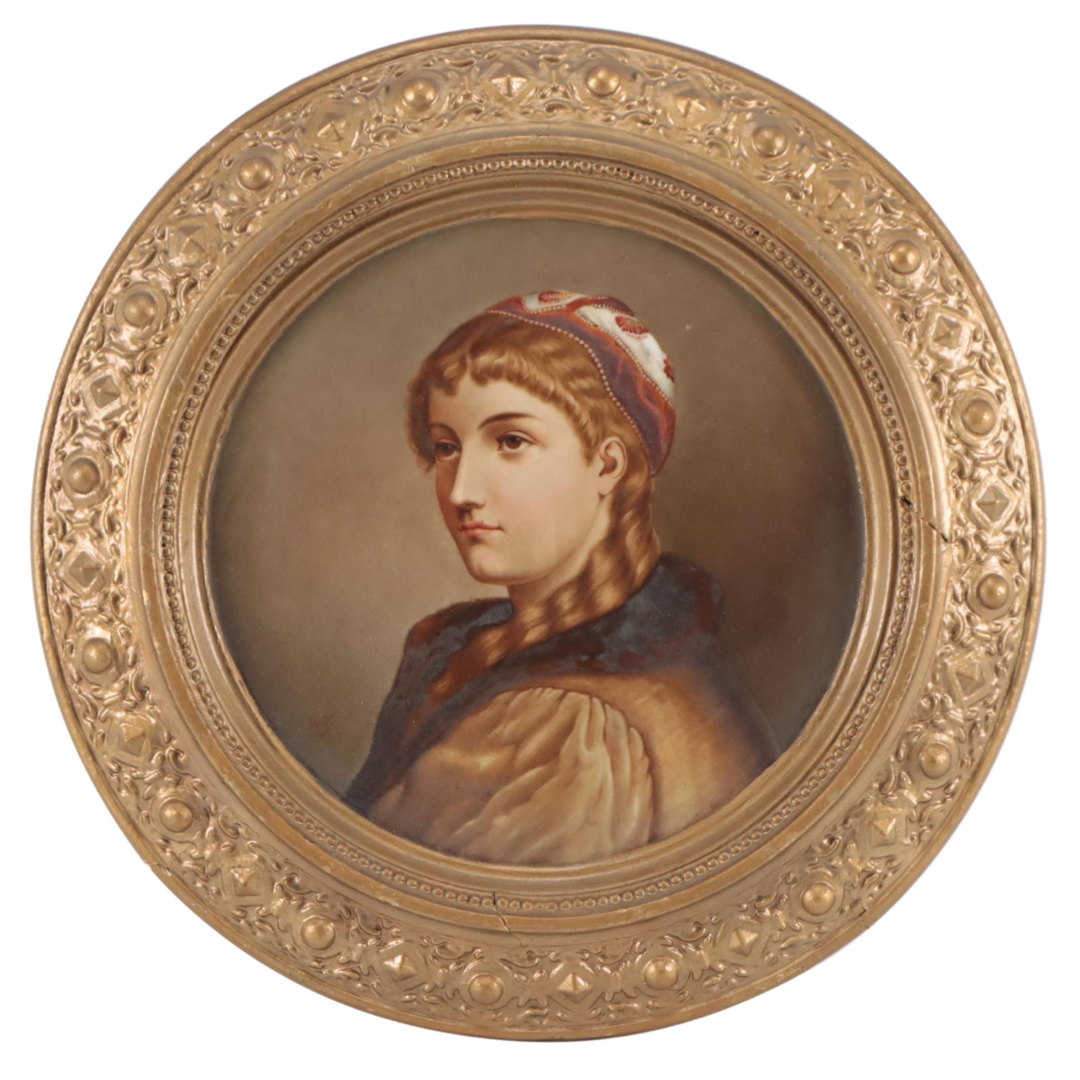 Hand-Painted Portrait Porcelain Plaque of Woman, Circa 1900