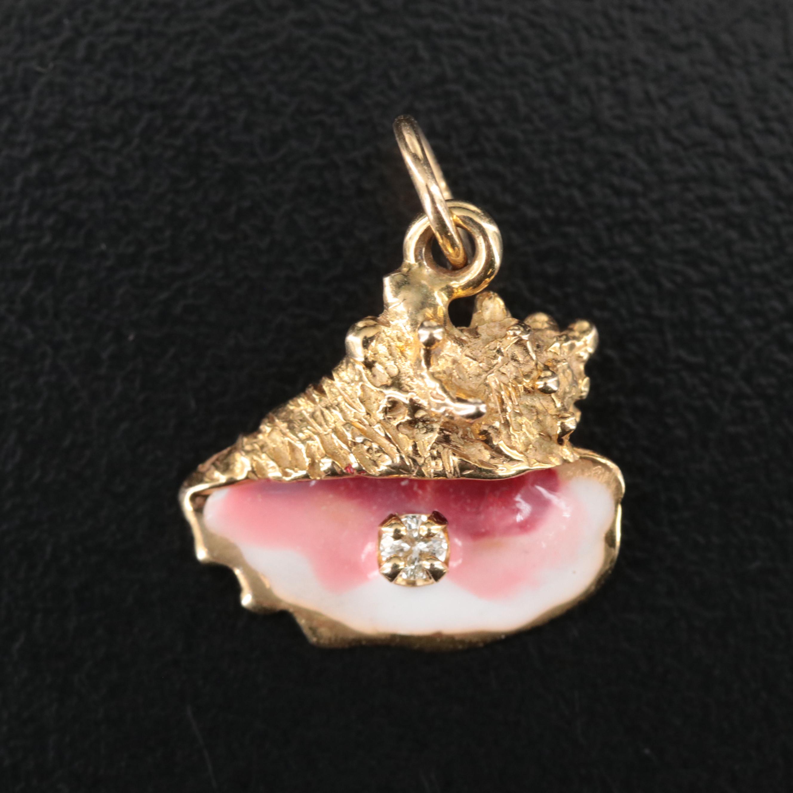 14K Diamond and Enamel Conch Shell Pendant