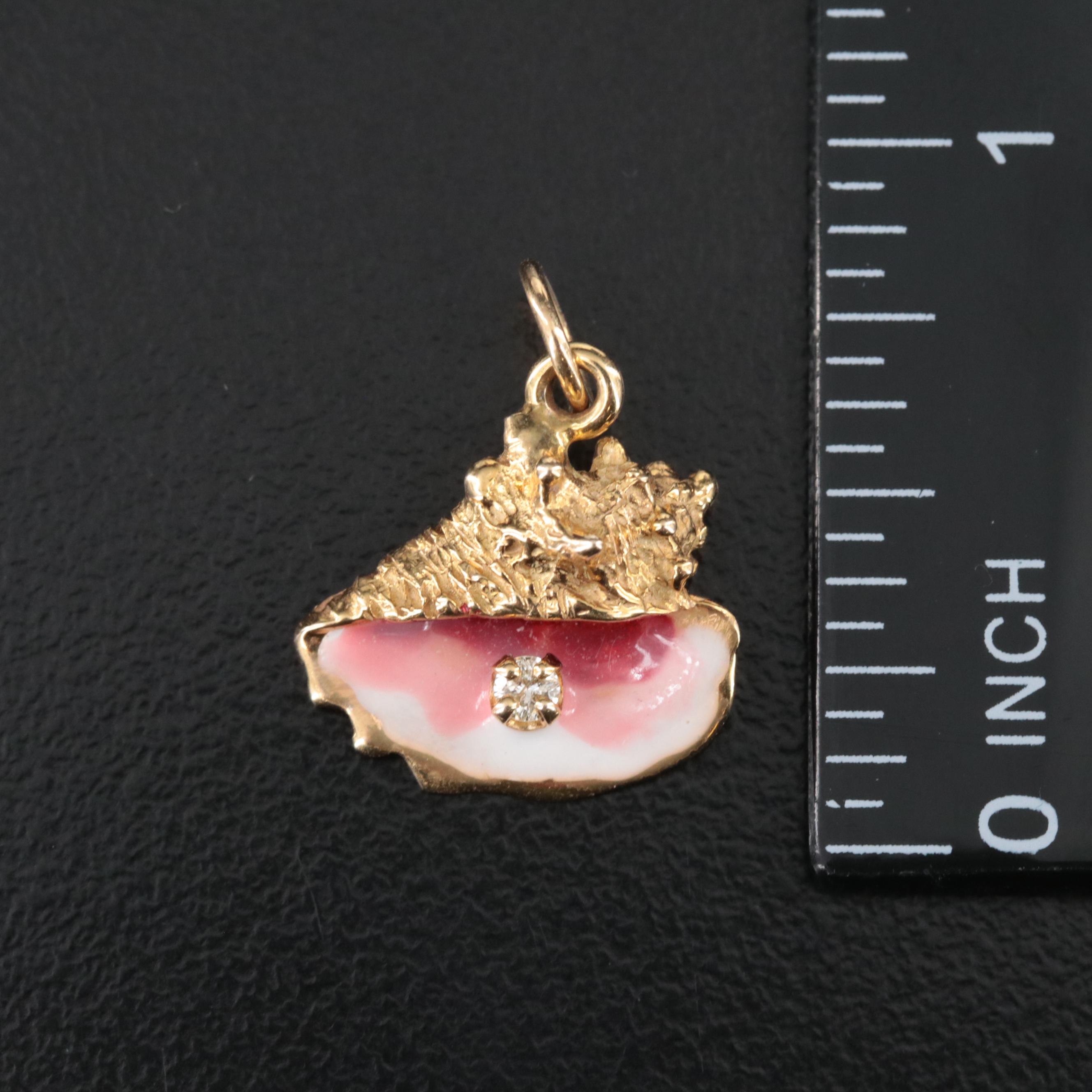 14K Diamond and Enamel Conch Shell Pendant