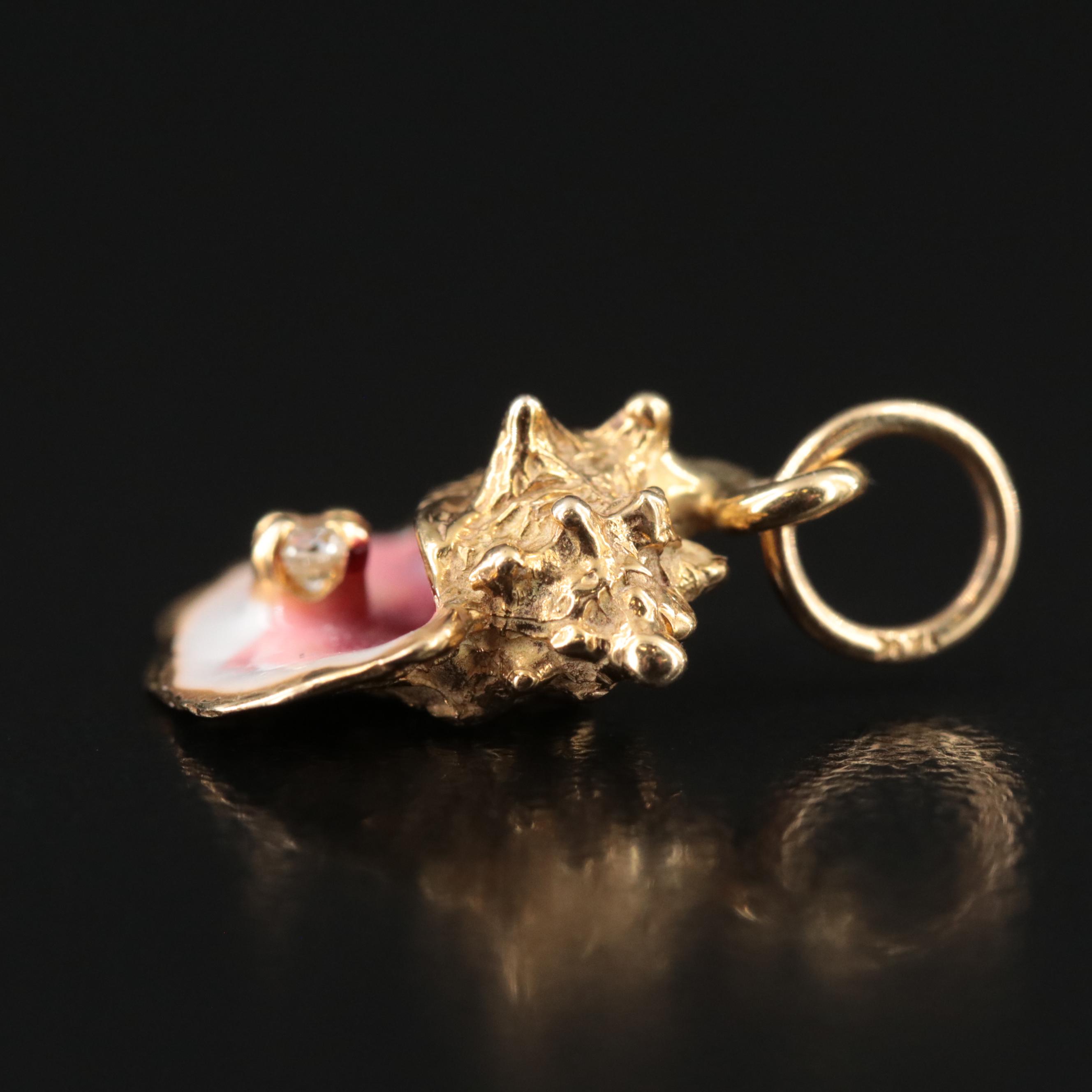 14K Diamond and Enamel Conch Shell Pendant
