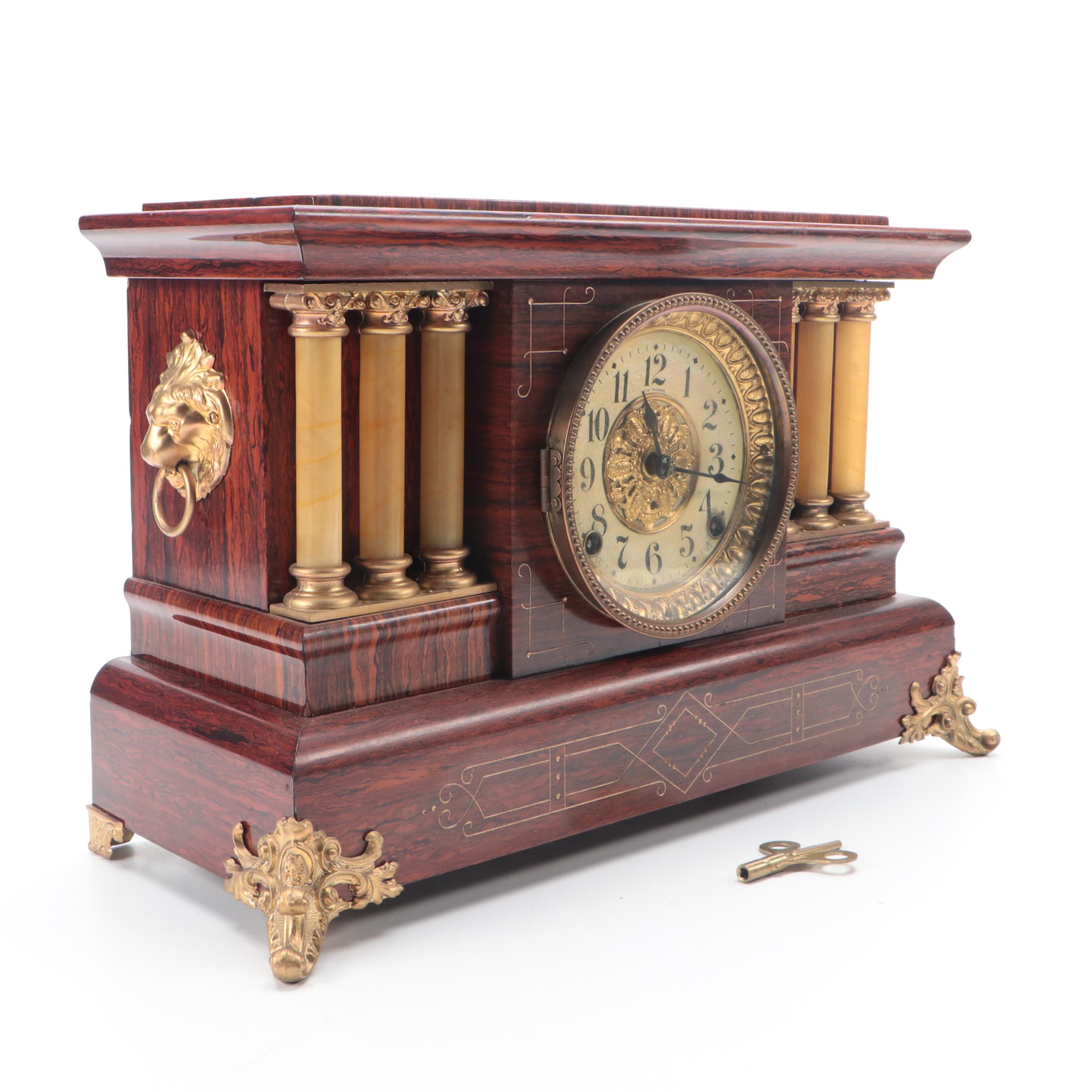 Seth Thomas Rosewood and Adamantine Clock with Gold-Painted Spelter Sculpture
