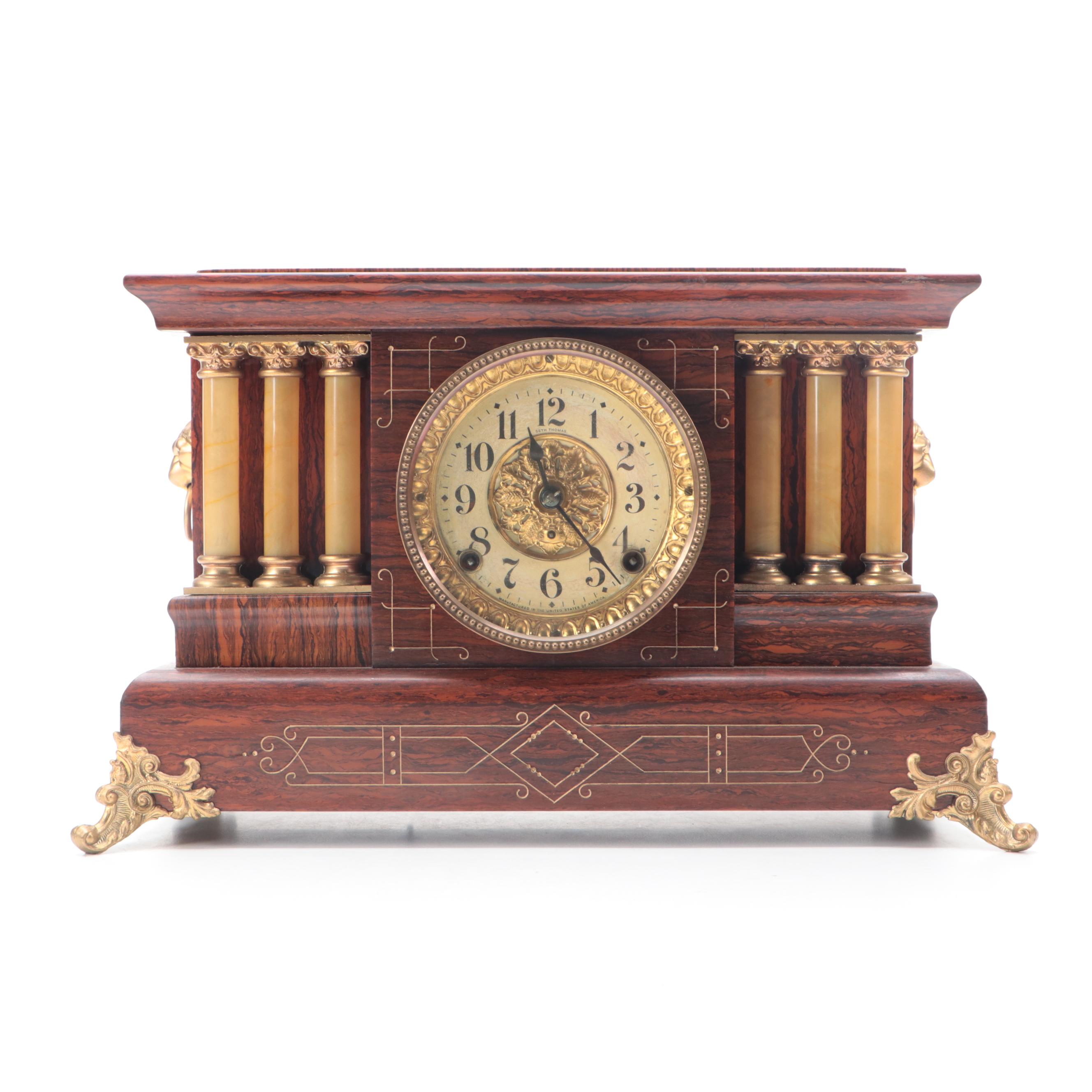 Seth Thomas Rosewood and Adamantine Clock with Gold-Painted Spelter Sculpture
