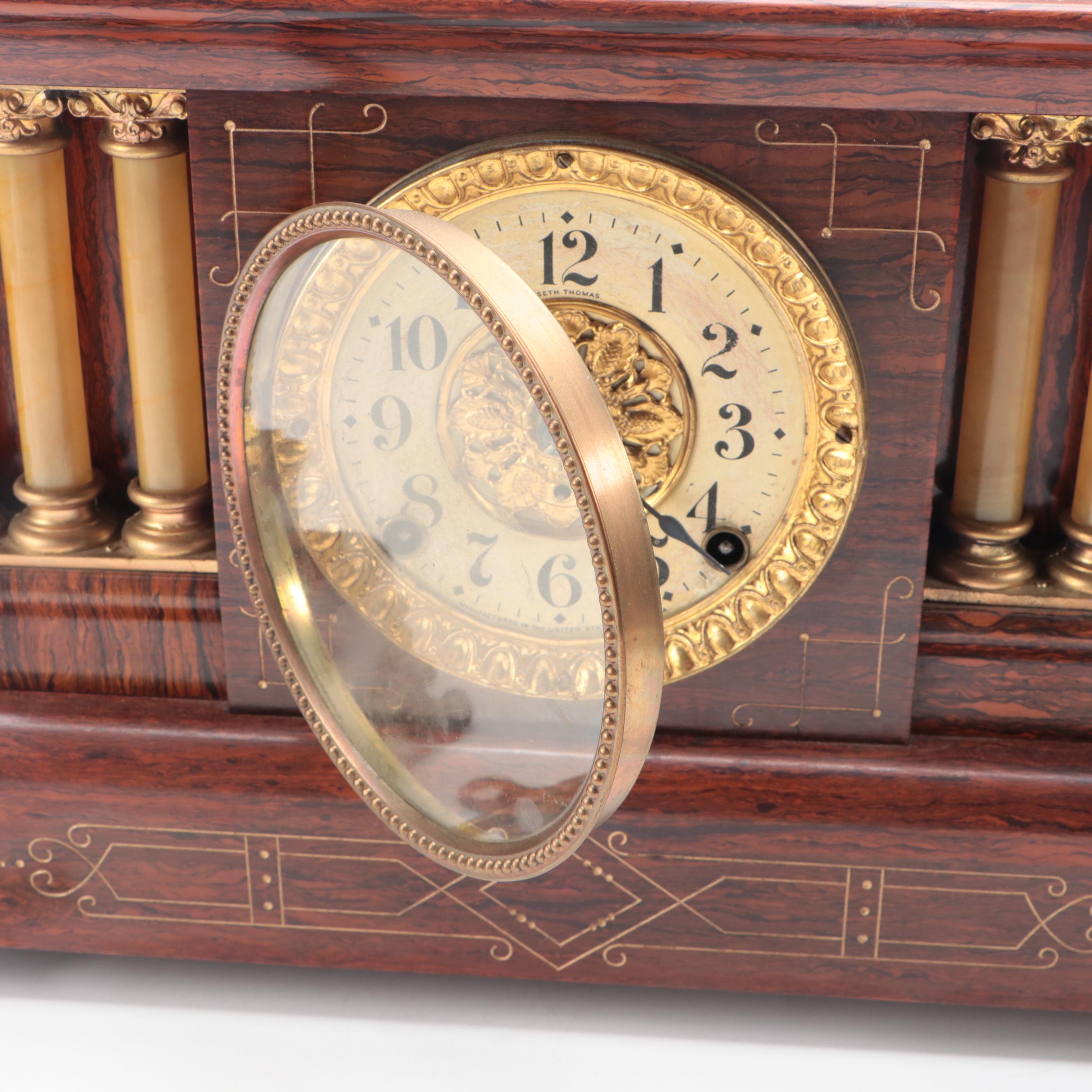 Seth Thomas Rosewood and Adamantine Clock with Gold-Painted Spelter Sculpture