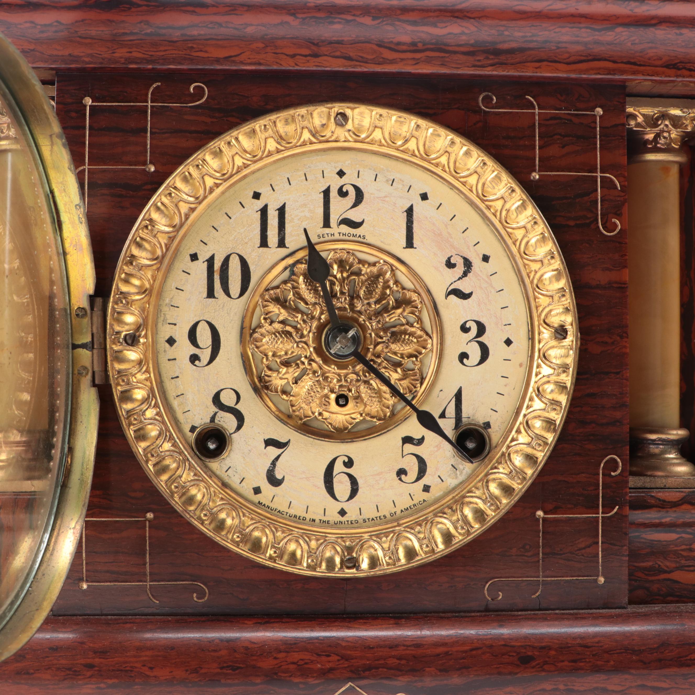 Seth Thomas Rosewood and Adamantine Clock with Gold-Painted Spelter Sculpture
